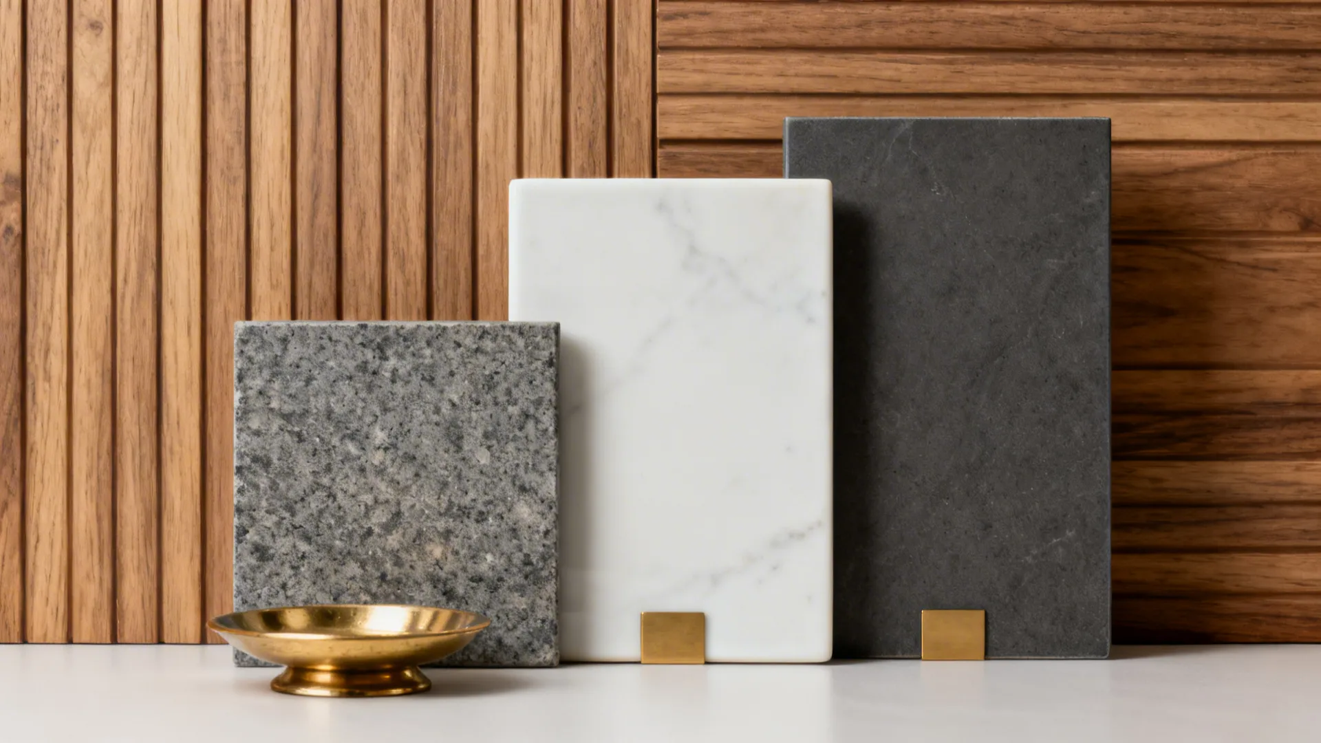 Macro of stone, porcelain, and brass materials suitable for pooja bases with soft warm lighting.