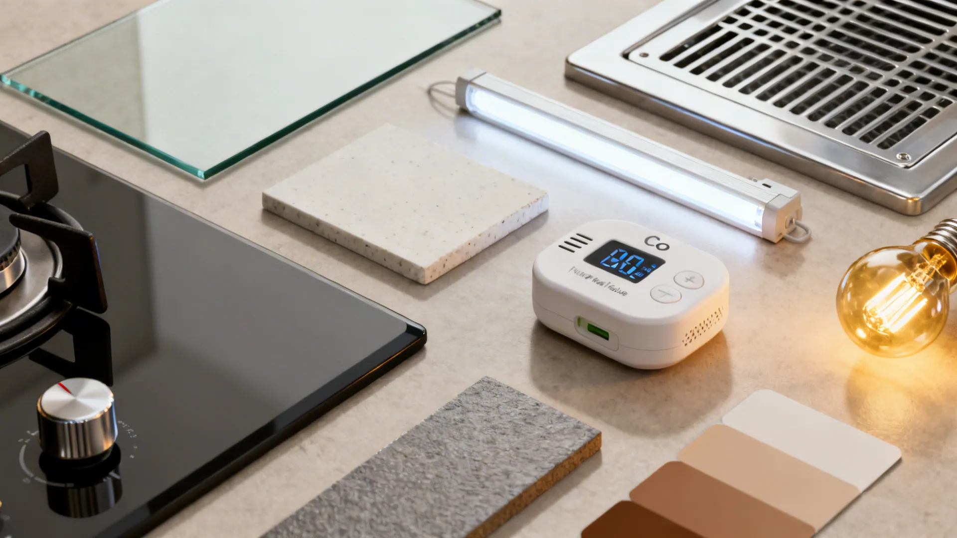 Flat lay of tempered glass, porcelain, quartz, CO detector, lights, and hood filter for safe kitchens