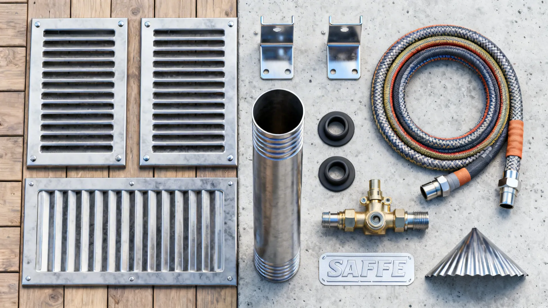 Flatlay of vents, sleeves, grommets, brackets, hose conduit, manifold parts, and canopy sample for safe setups.