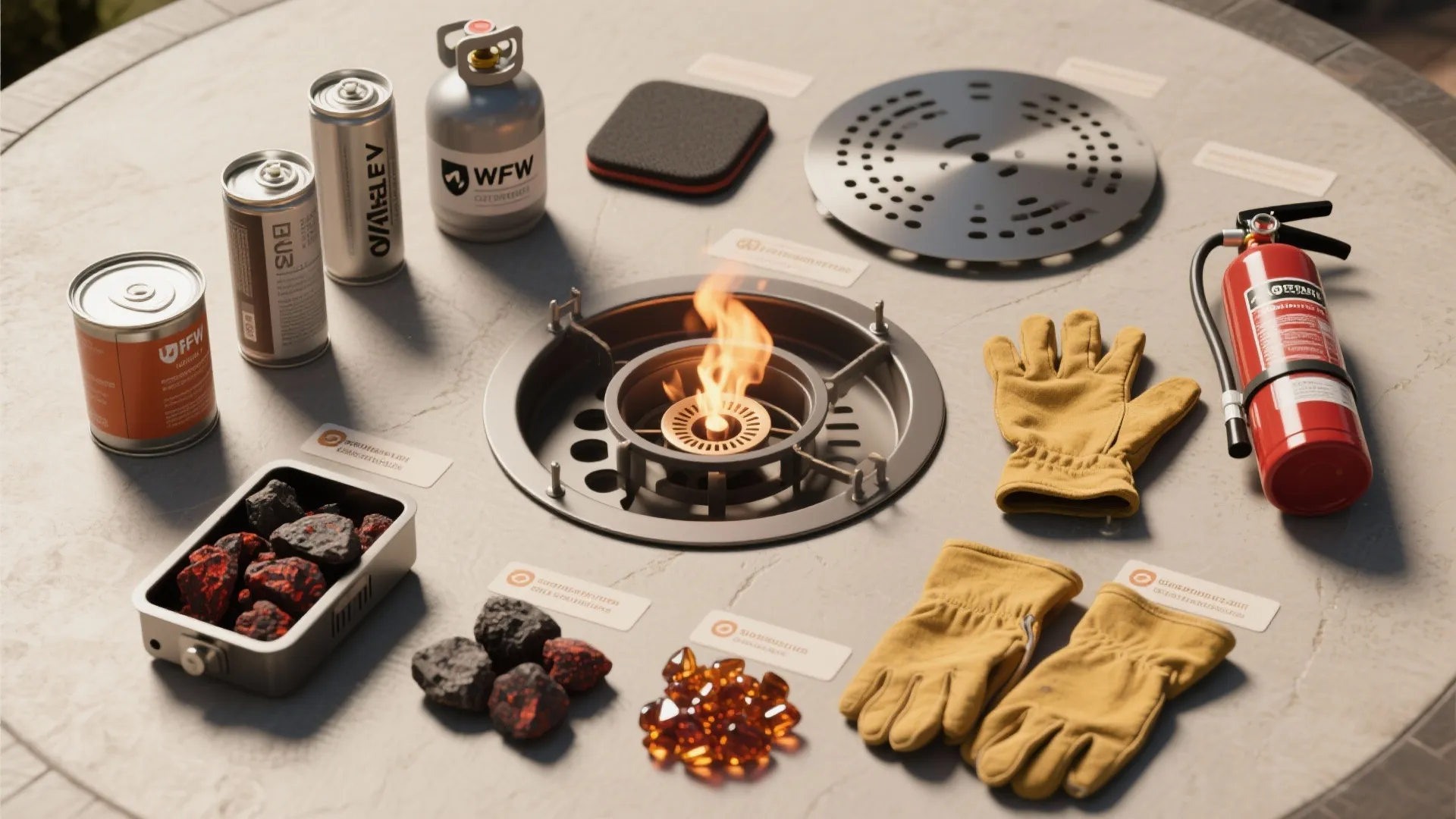 Fire pit safety equipment collection including fuel cans, small propane tank, fire extinguisher, and gloves