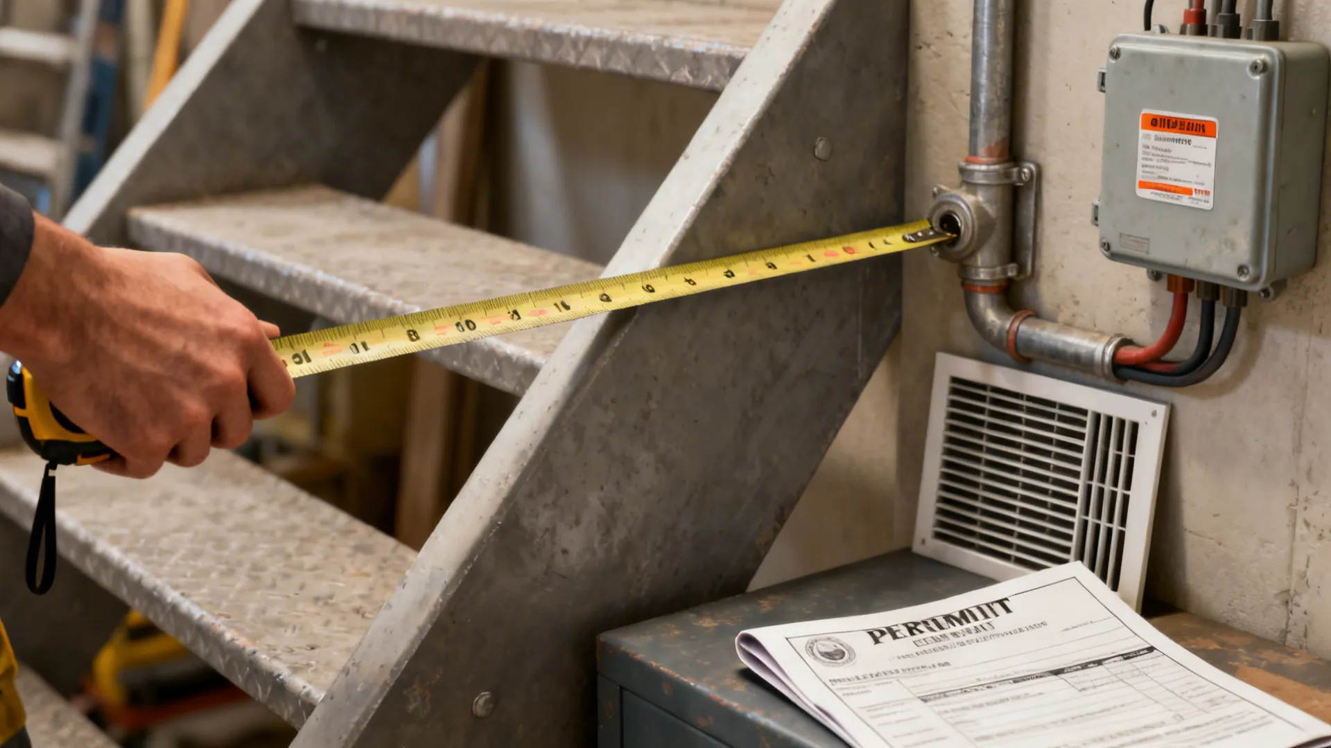 Close-up showing measuring tape, electrical junction box and ventilation grille illustrating safety checks for under‑stairs projects.