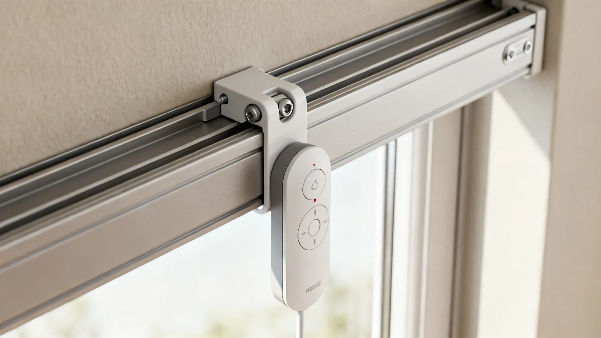 Close-up of cordless motorized blind control and child-safe mounting on a window track