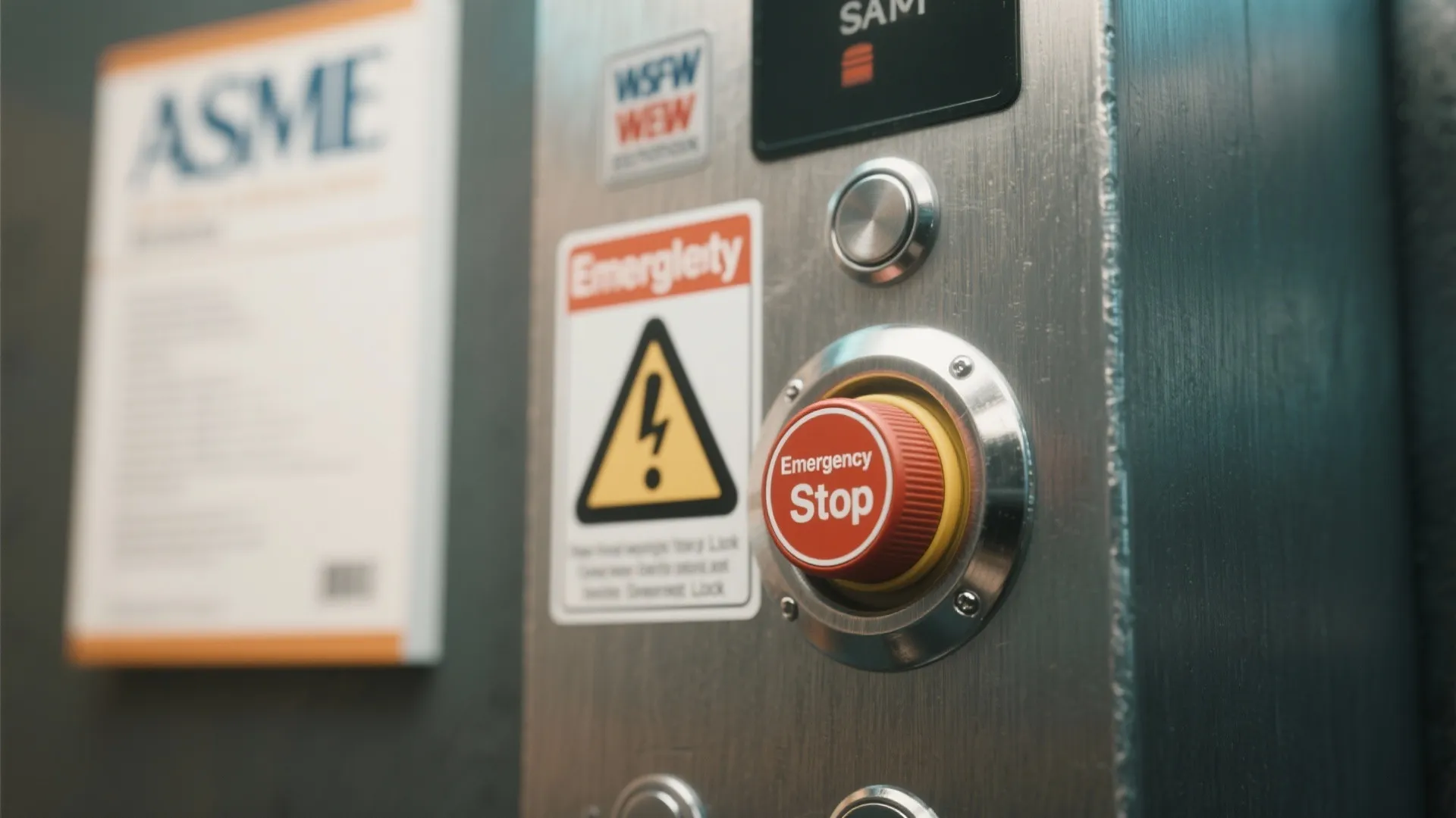 Close up of red emergency stop button and safety warning signs on metal elevator panel