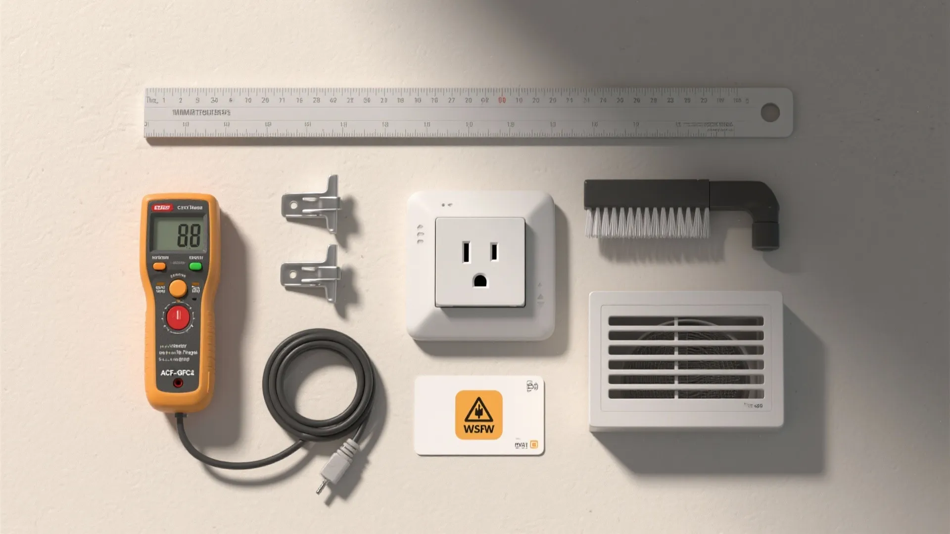 Flat lay of clearance ruler, outlet tester, AFCI/GFCI device, cable clips, and vacuum brush.