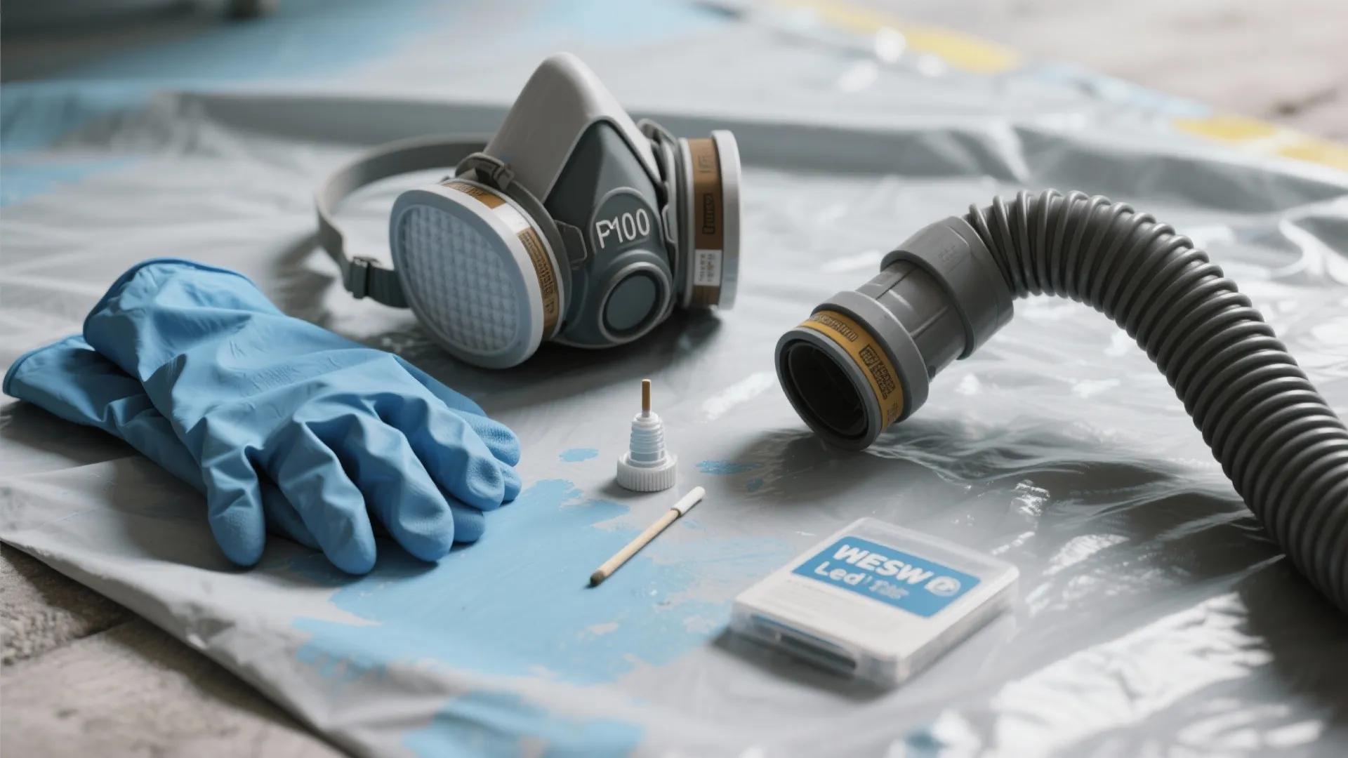 Safety equipment including a respirator mask and blue gloves on a plastic sheet for renovation