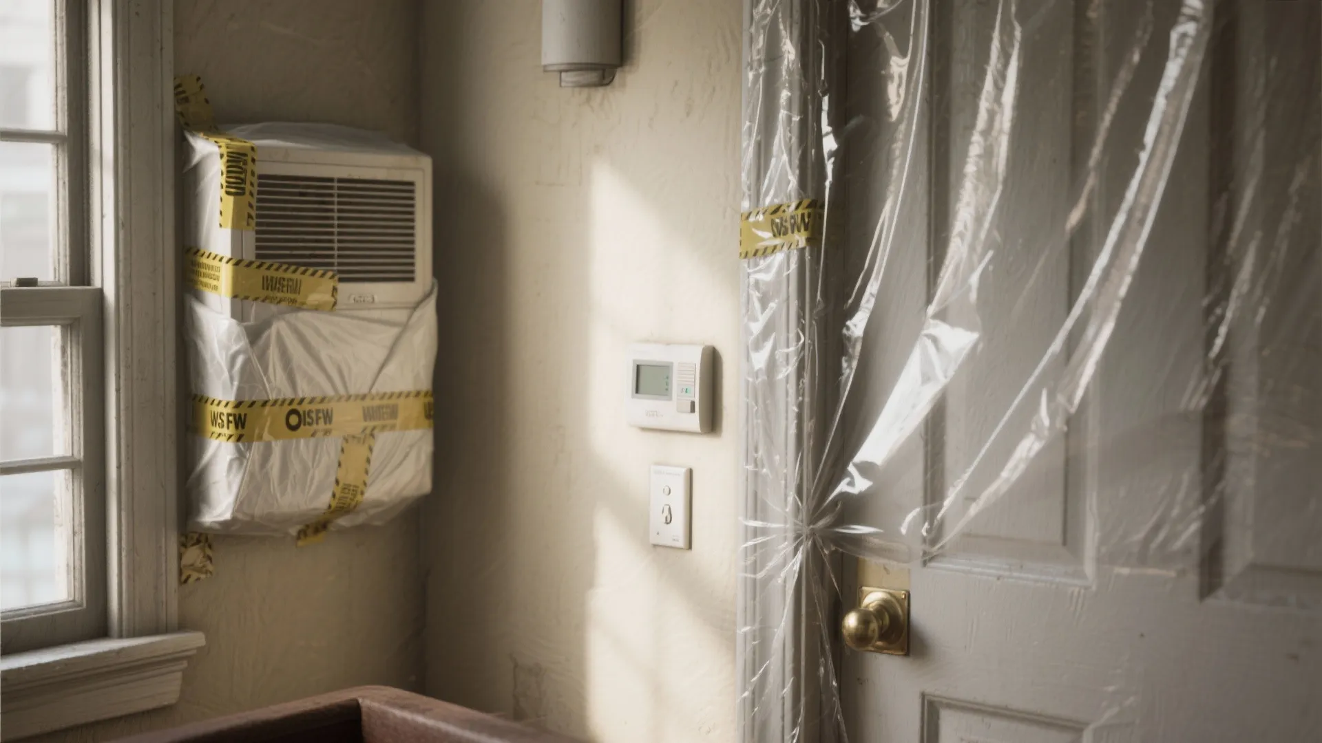 Room showing HVAC vents and fixtures carefully covered and sealed to prevent overspray.