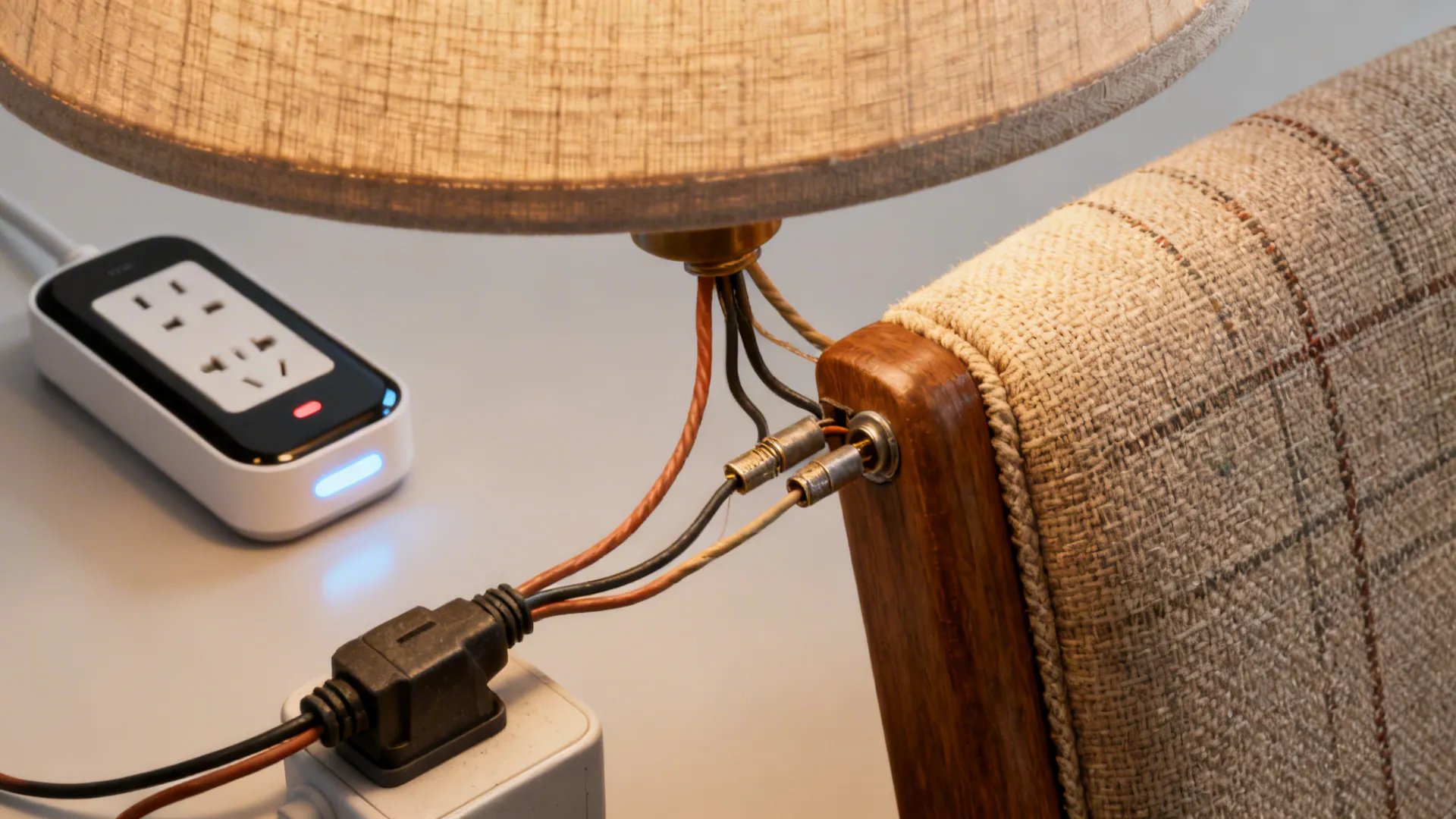 Close-up showing safe wiring in a vintage lamp and tight-weave reupholstered chair corner.