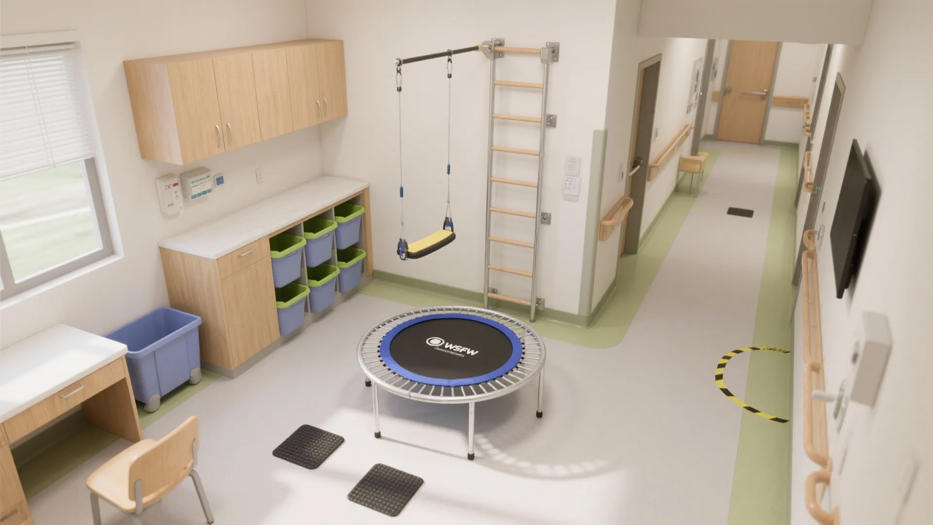Interior design drawing of therapy room with blue trampoline hanging swing wooden cabinets and ladder