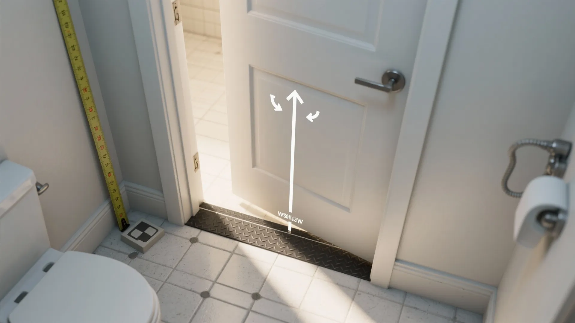 White bathroom door with black floor ramp showing swing measurements with a yellow tape measure