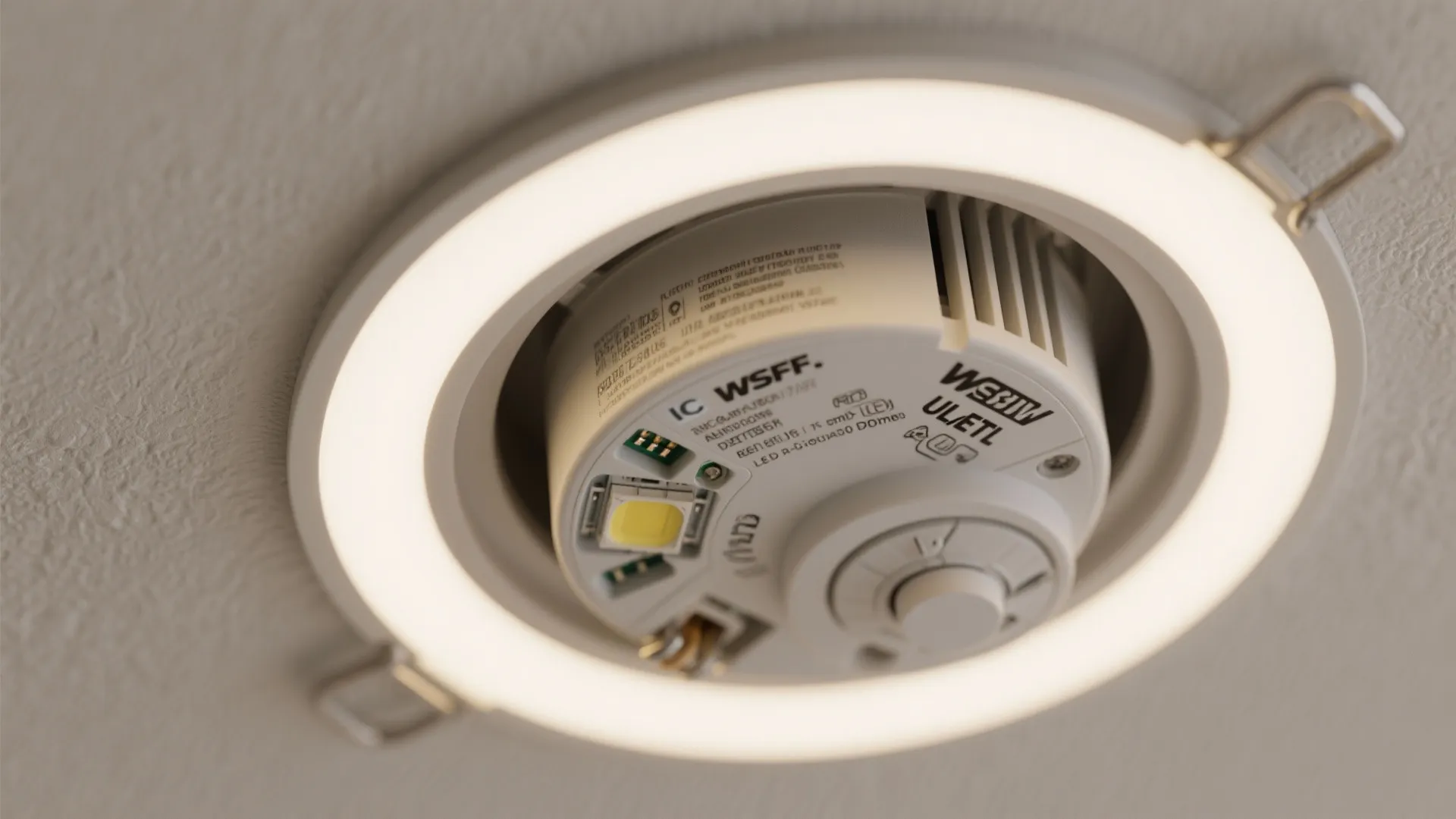 Close up view of a round white recessed light fixture with internal components and technical labels