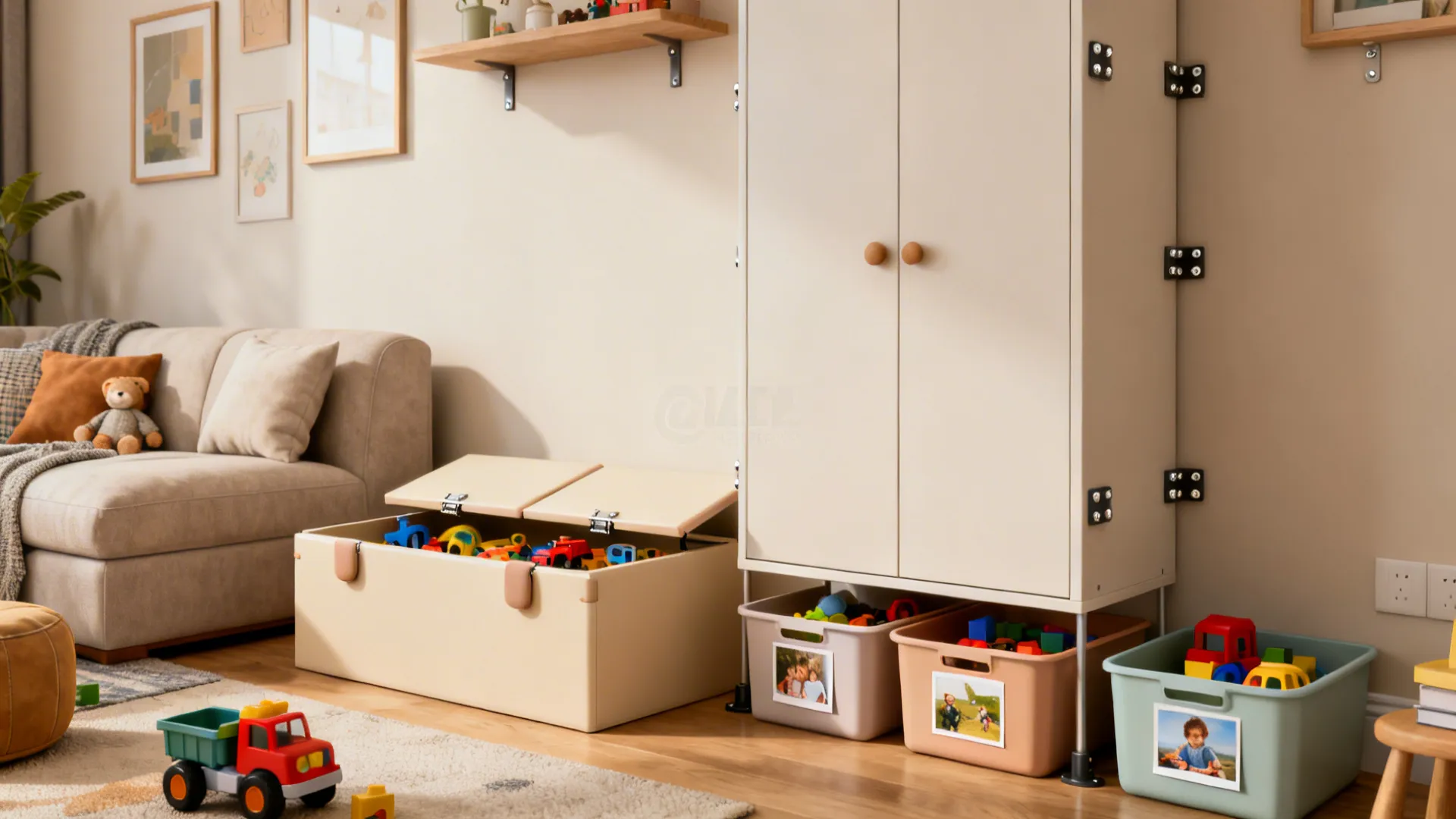 Tall white cabinet and toy storage boxes with photos in a bright living room setting