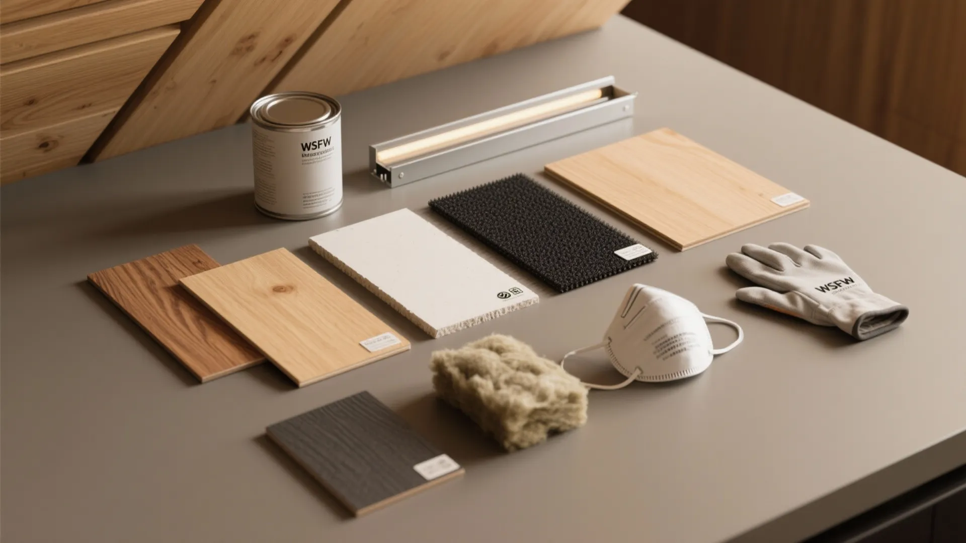 Flatlay of FSC-style wood veneers, low-VOC finish, LED channel, and acoustic materials.