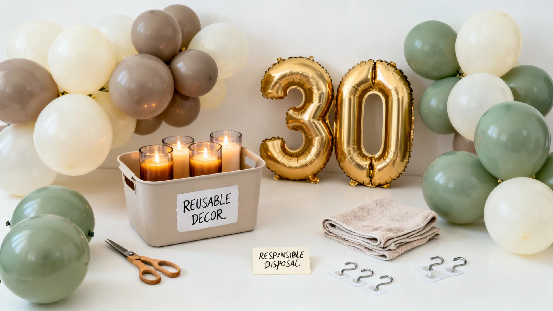 Flatlay of LED candles, natural latex balloons, reusable foil numbers, hooks, and storage items for safe, sustainable decor.