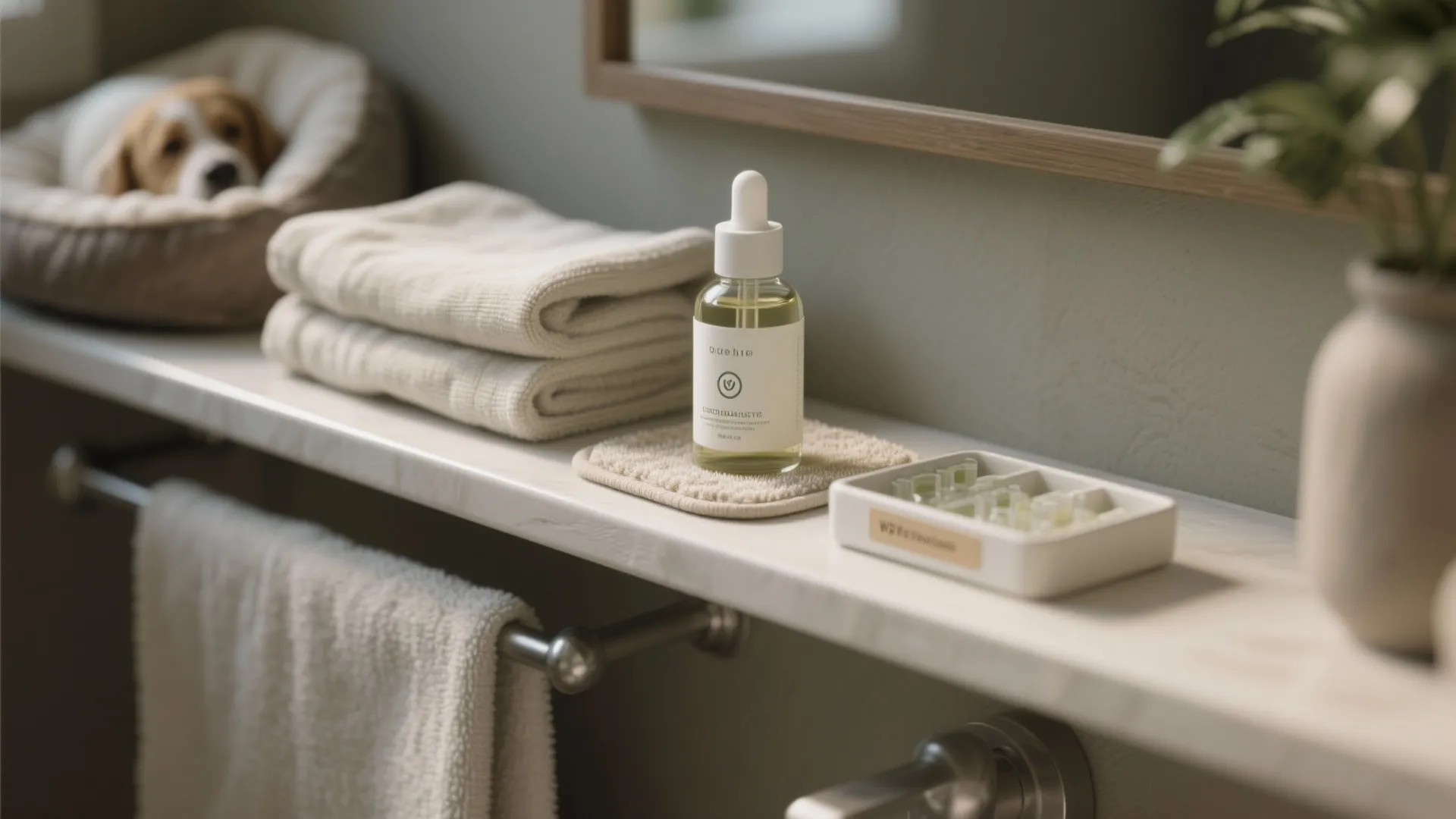 Bathroom shelf with glass dropper bottle and folded towels beside a small dog in its bed
