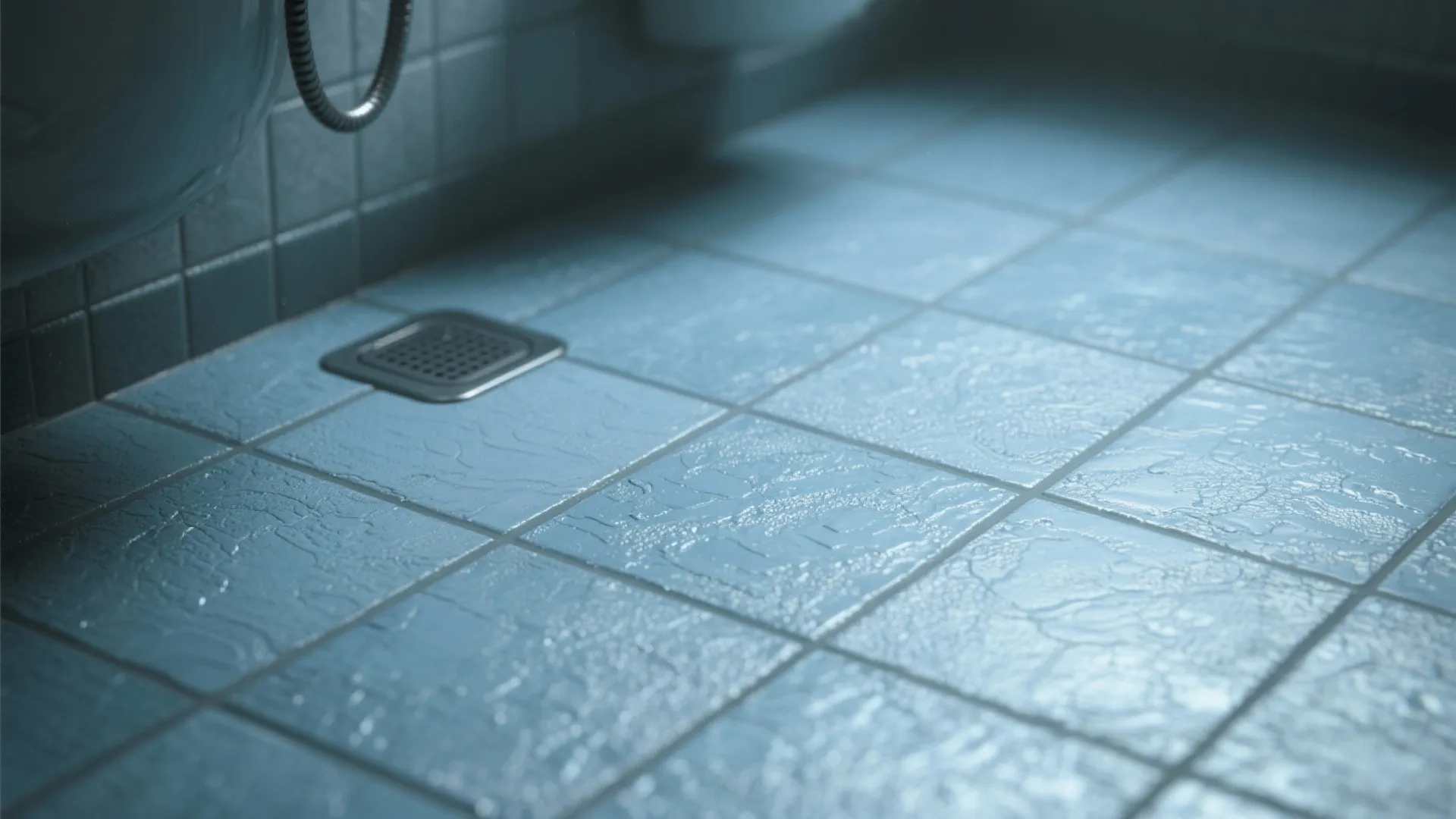 Close up view of blue non slip bathroom floor tiles with water drops and floor drain