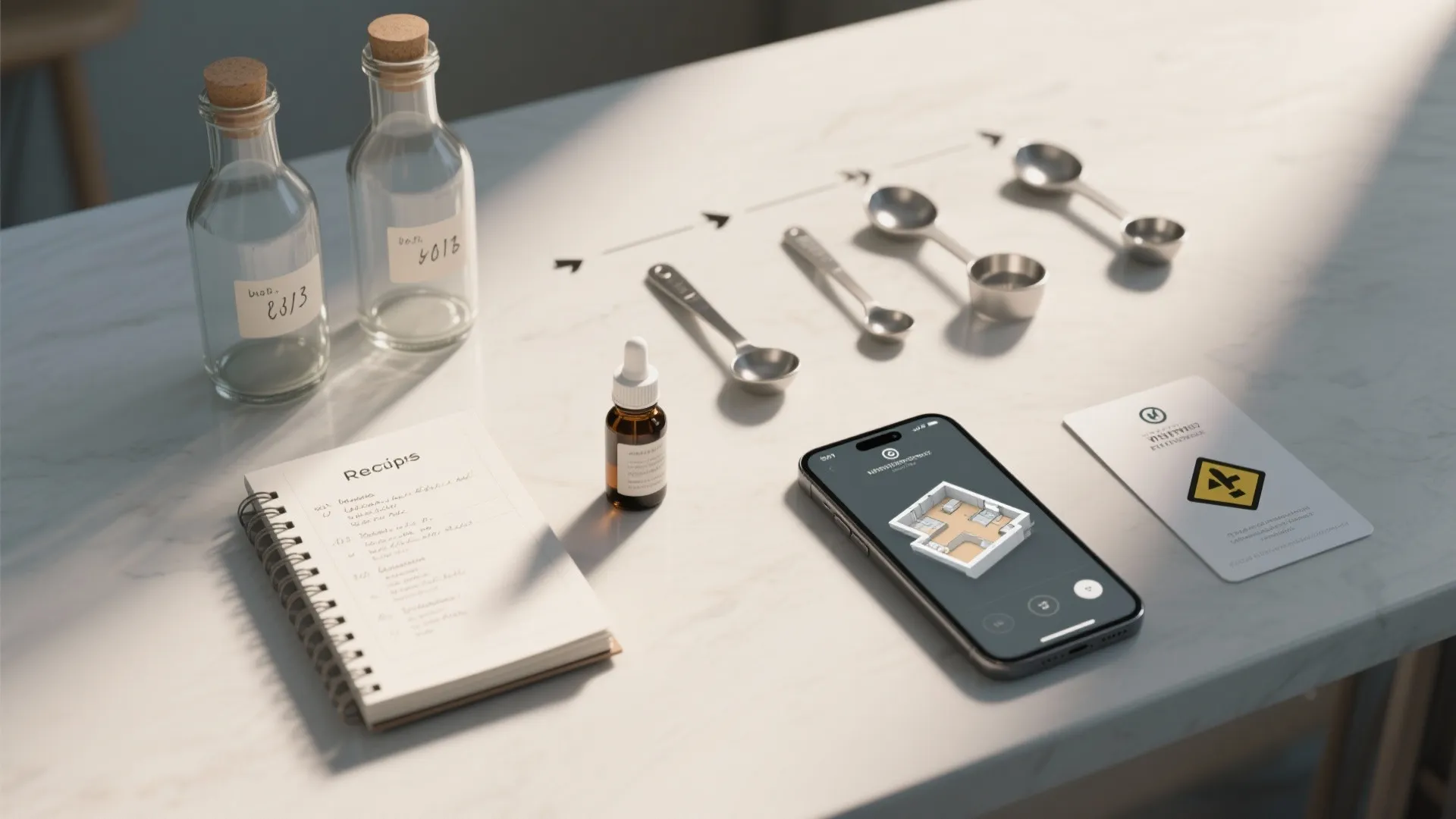 Table top with glass bottles notebook measuring spoons and smartphone showing a 3D room layout