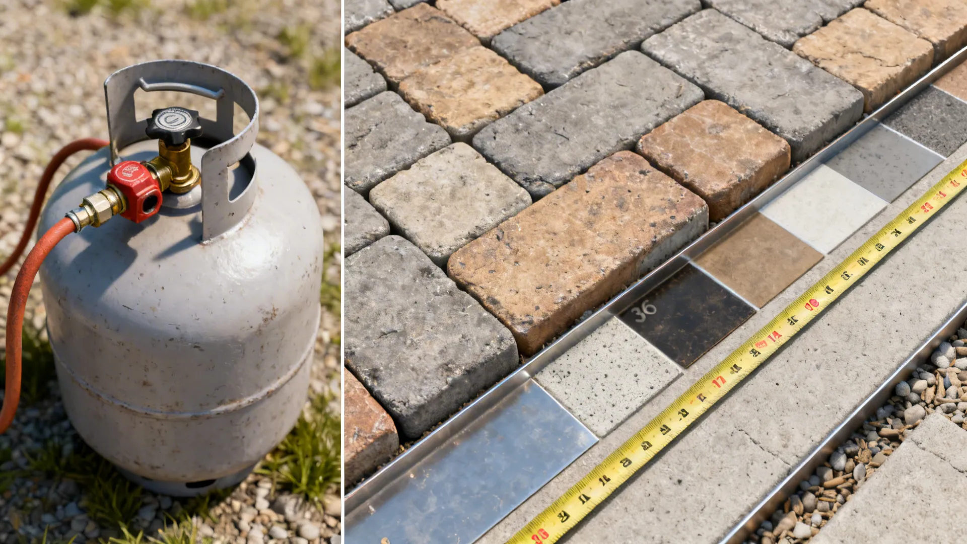 Close-up details of propane hookup, heat-proof paver surface and material samples for fire pit safety.