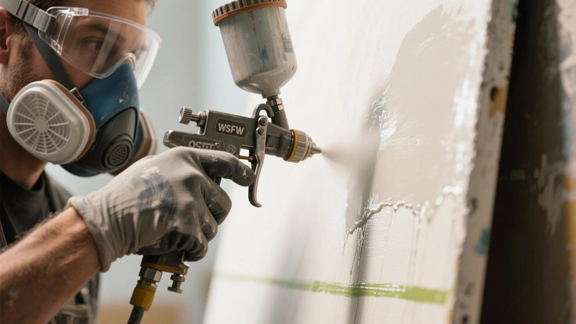 Man wearing safety goggles and breathing mask while using a professional paint spray gun indoors
