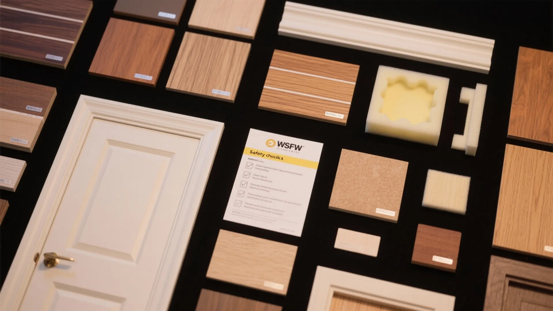 Top-down flatlay of modular materials and safety checklist used for designing safe, resettable door props.