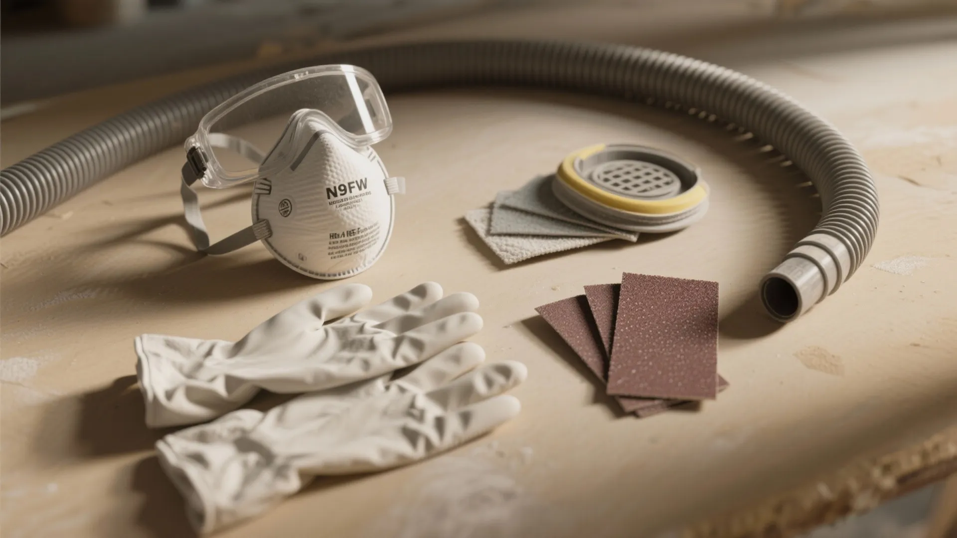 Protective safety equipment including face mask goggles work gloves sandpaper and vacuum hose on wooden surface