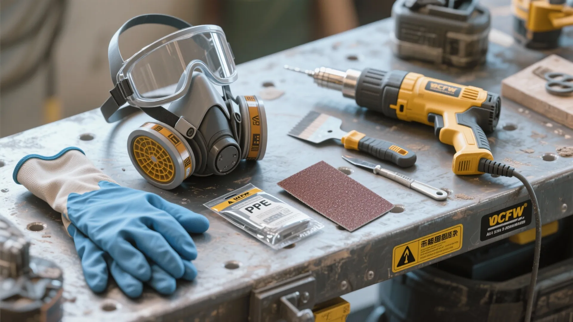 Safety equipment including a gas mask, blue gloves, power drill, and sandpaper on a workbench