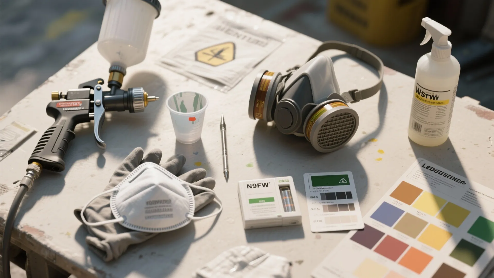 Professional painting tools including a spray gun face mask safety gloves and many color samples
