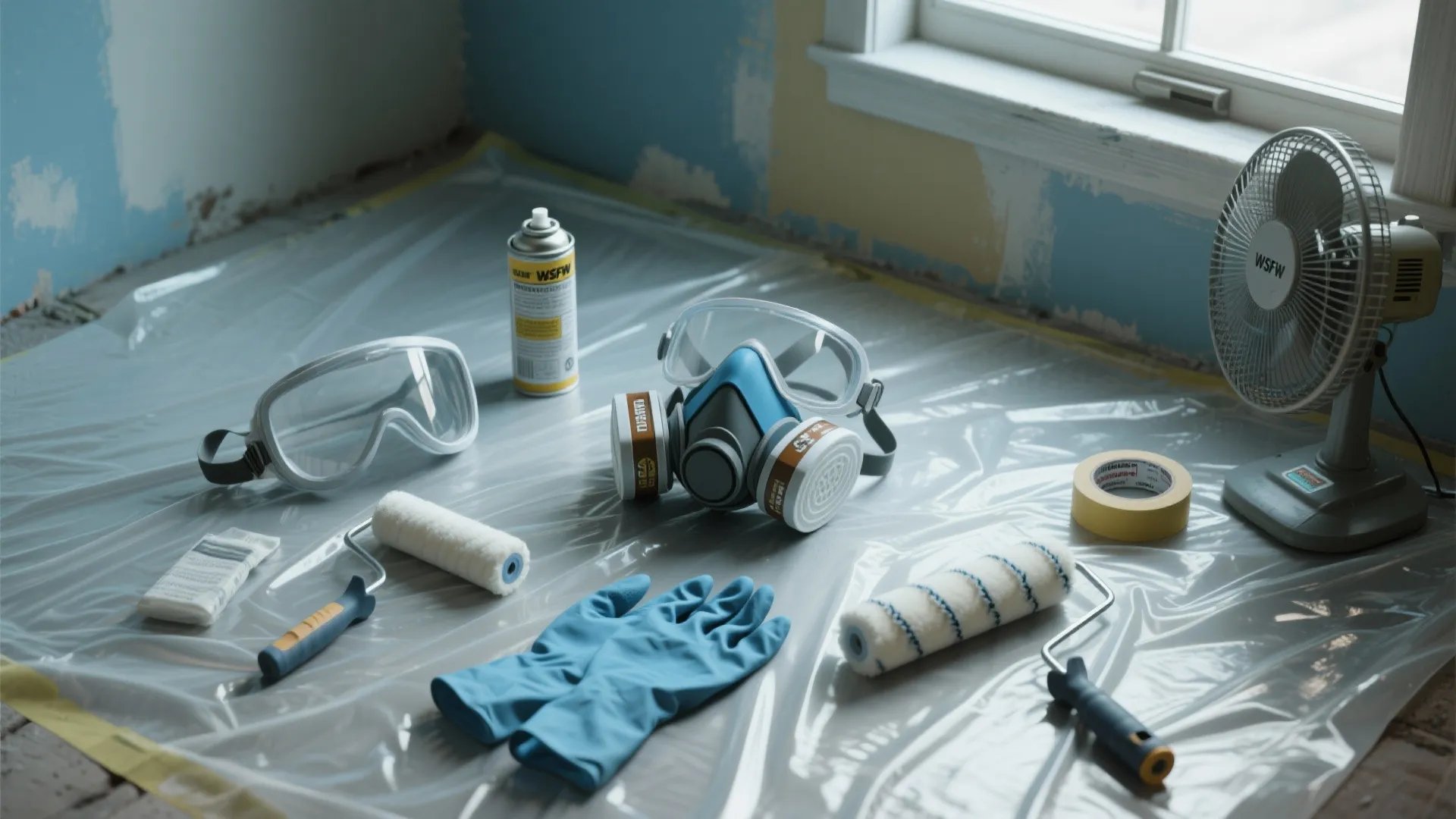 Top-down arrangement of respirator, goggles, gloves, mini rollers and plastic sheeting for indoor spray painting safety.