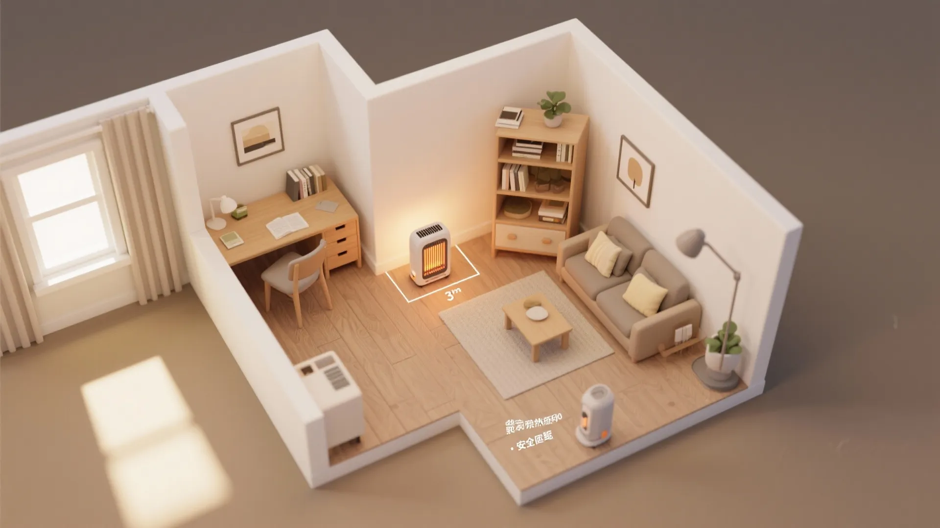 Interior design drawing of a room layout with a sofa desk bookshelf and portable electric heater