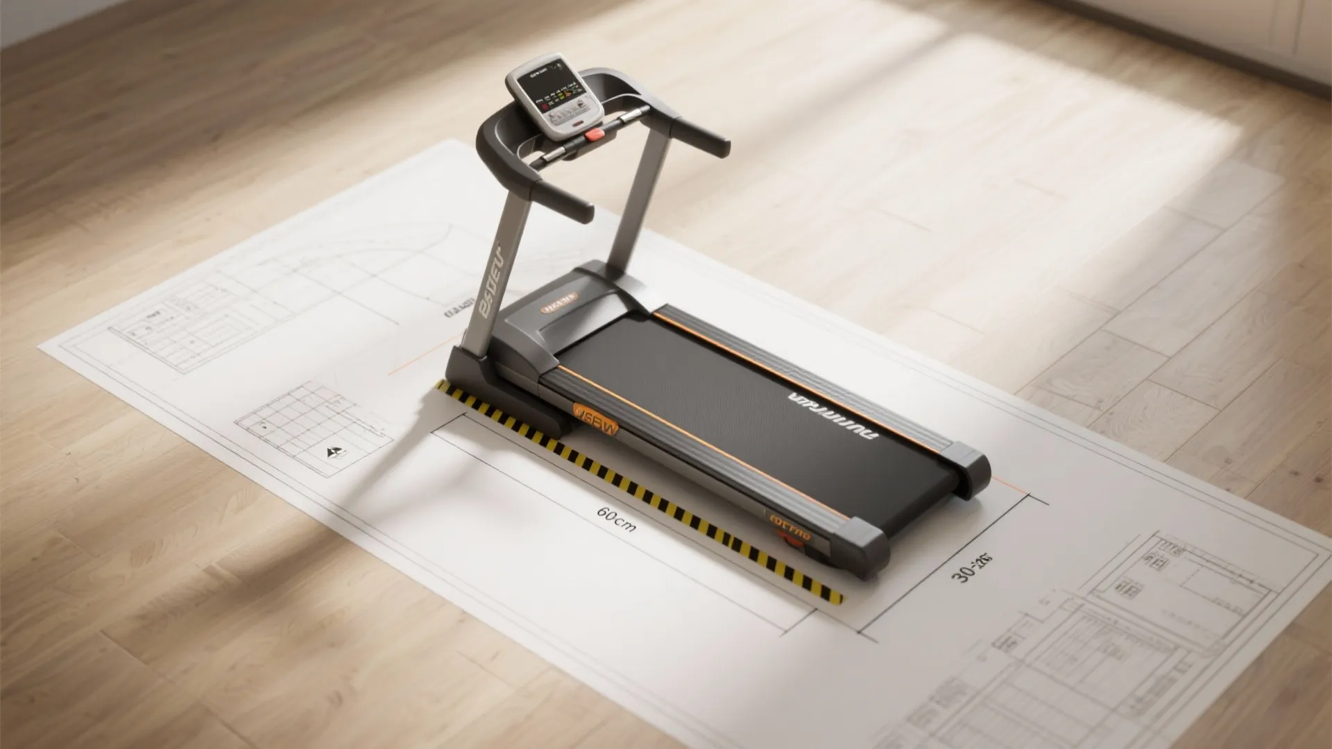 Top-down plan illustrating treadmill footprint and safety clearances with measurements marked.