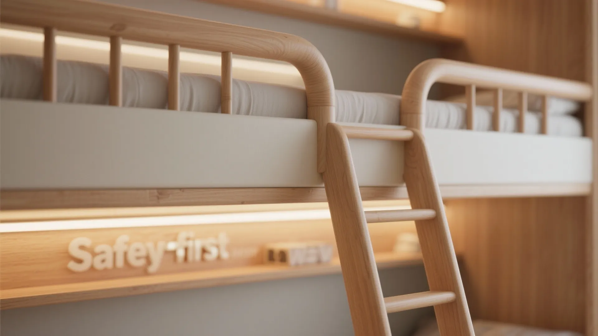 Modern wooden bunk bed with rounded safety rails a sturdy ladder and warm built in lighting