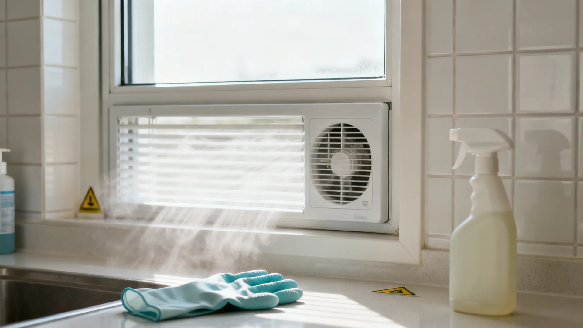 Gloves and cleaner by a slightly open kitchen window emphasizing ventilation and safe use.