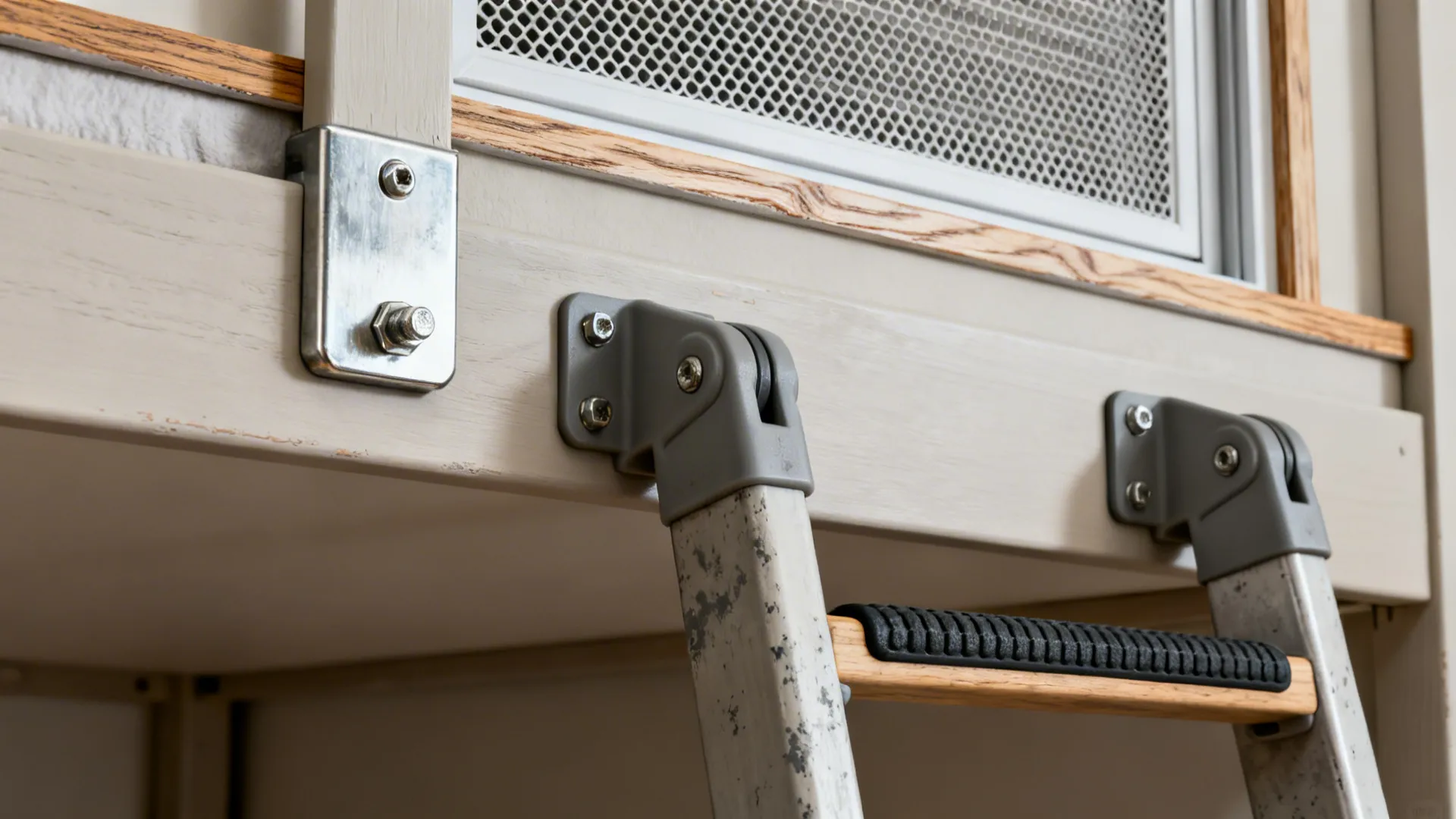 Close-up of loft bed safety attachments and an unobstructed window vent to illustrate ventilation best practices.