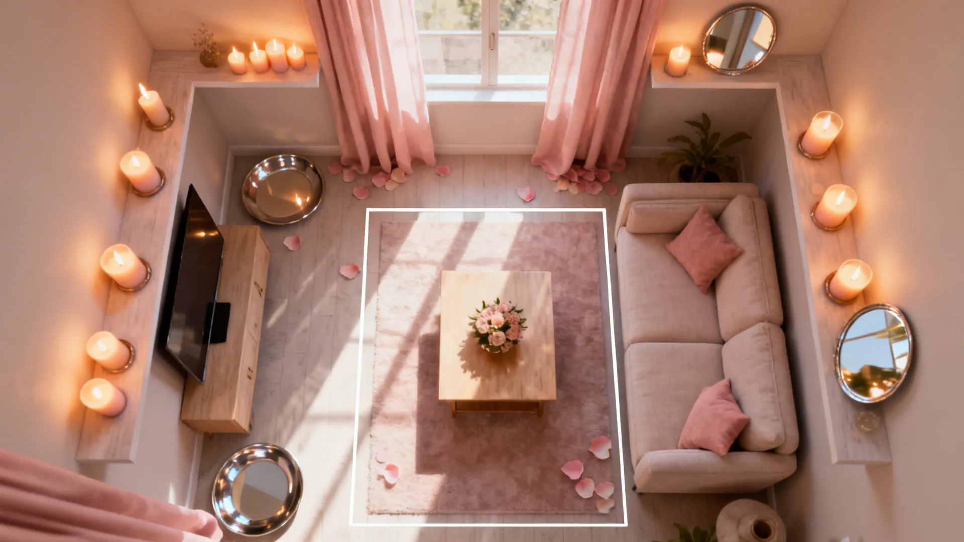 Top-down small living room showing zoned candle placement and reflective trays with clear walkways.