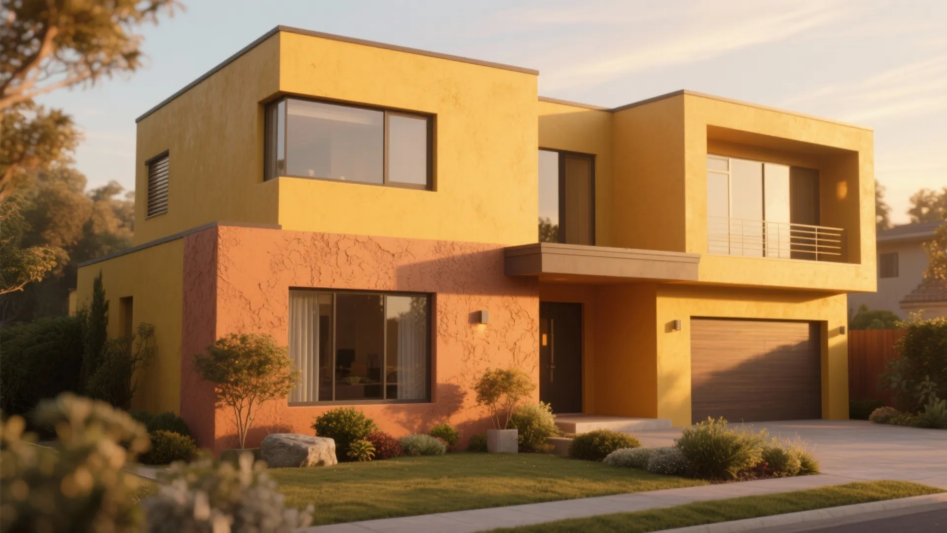 House exterior painted muted saffron yellow with complementary landscaping and terracotta details.