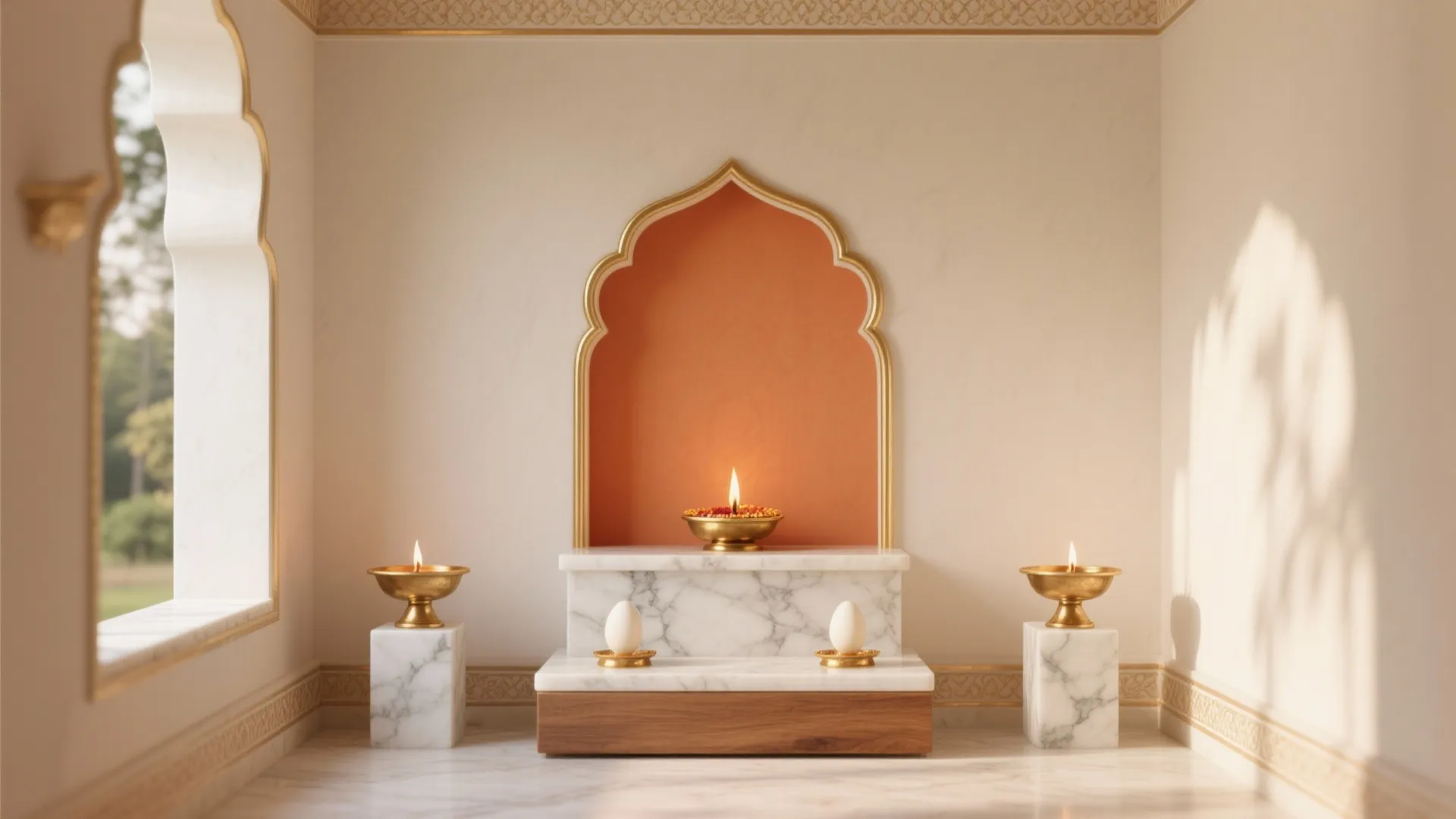 Interior design drawing of elegant prayer area with orange arched wall panel and marble stands