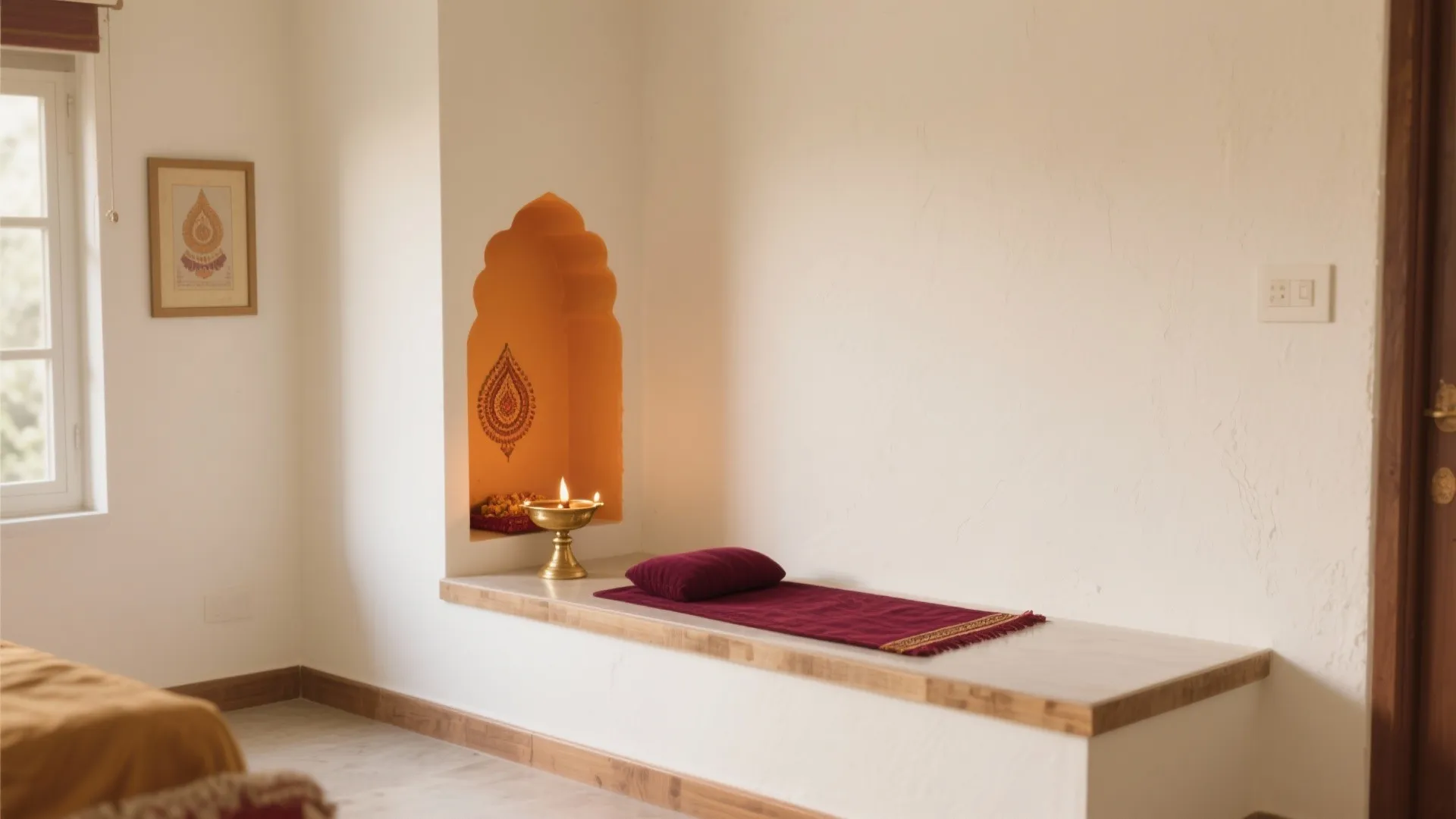 Prayer room nook with orange arched niche small oil lamp and maroon mat on white platform