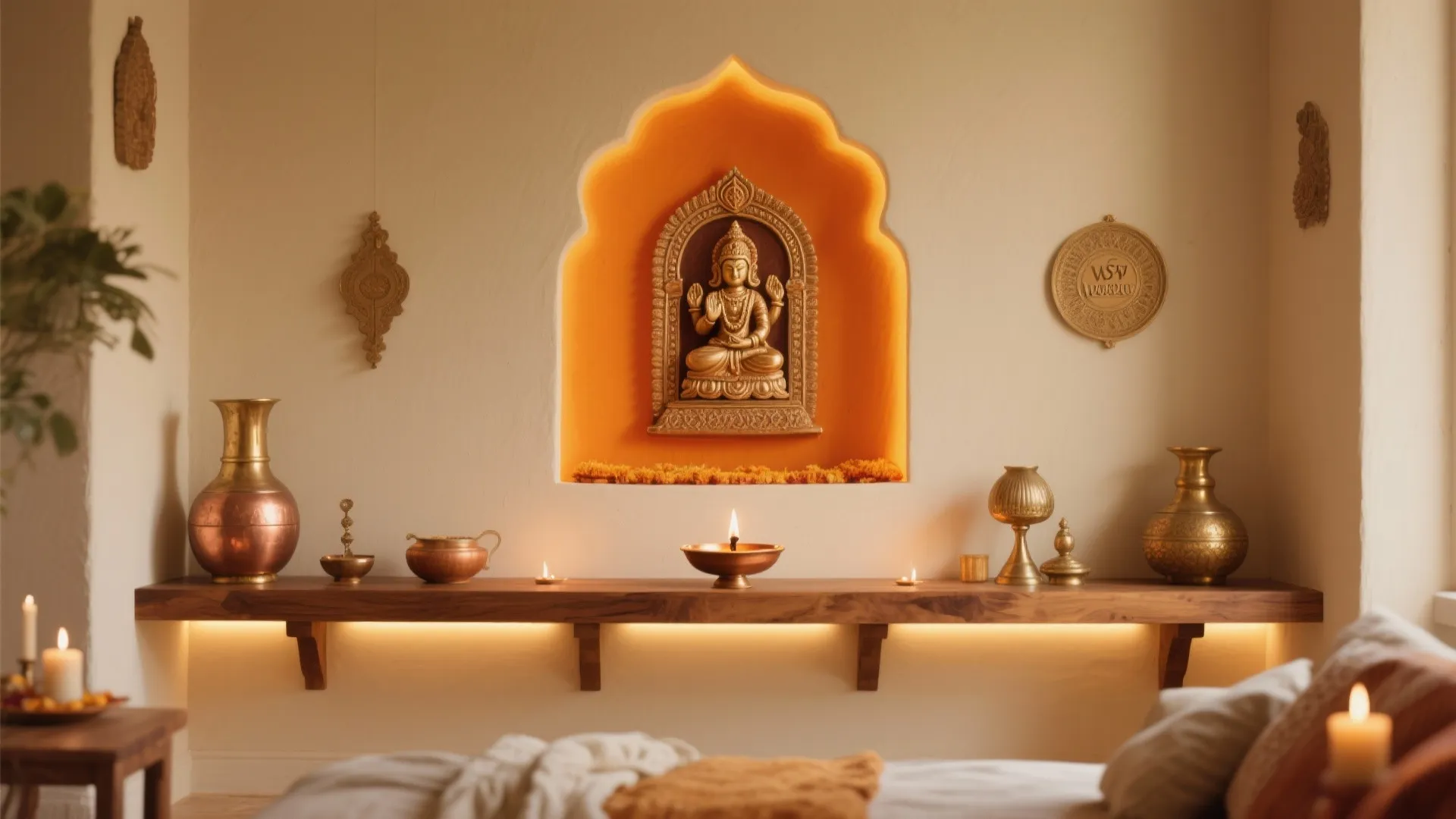Indian style wall niche with gold statue warm lighting wooden shelf and traditional bronze decor