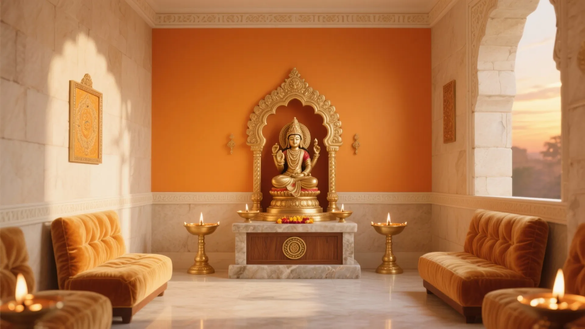 Orange prayer room featuring a golden statue two orange sofas and bright warm light fixtures