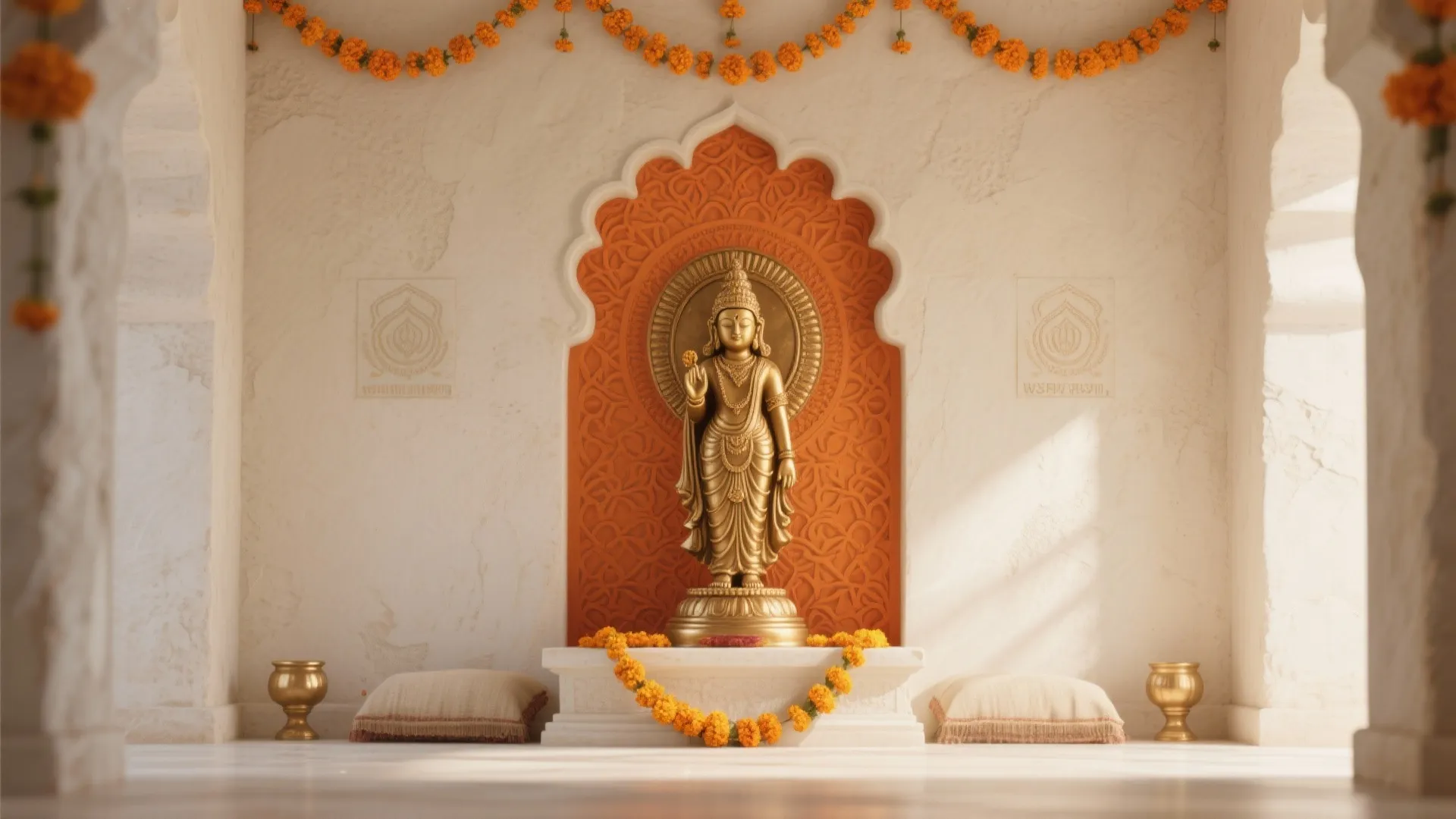 Golden statue standing on a white platform with orange flower garlands and white floor cushions
