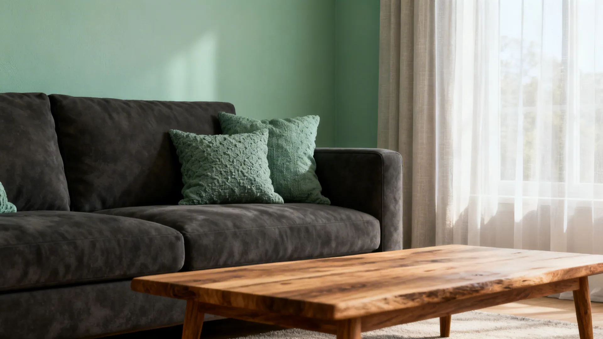 Living room with soft sage accent wall and a charcoal sofa with muted sage cushions.