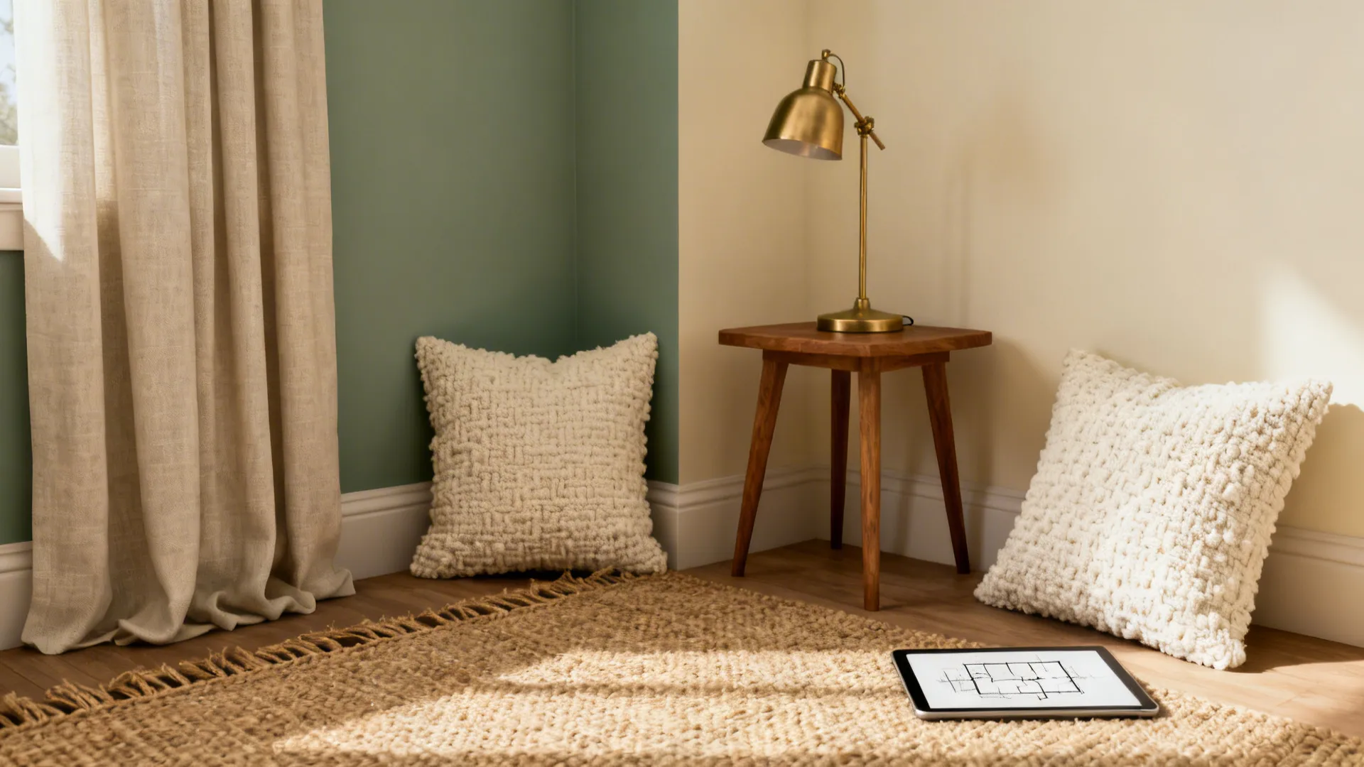 Corner of a living room with one sage accent wall, cream textiles, jute rug and oak side table.