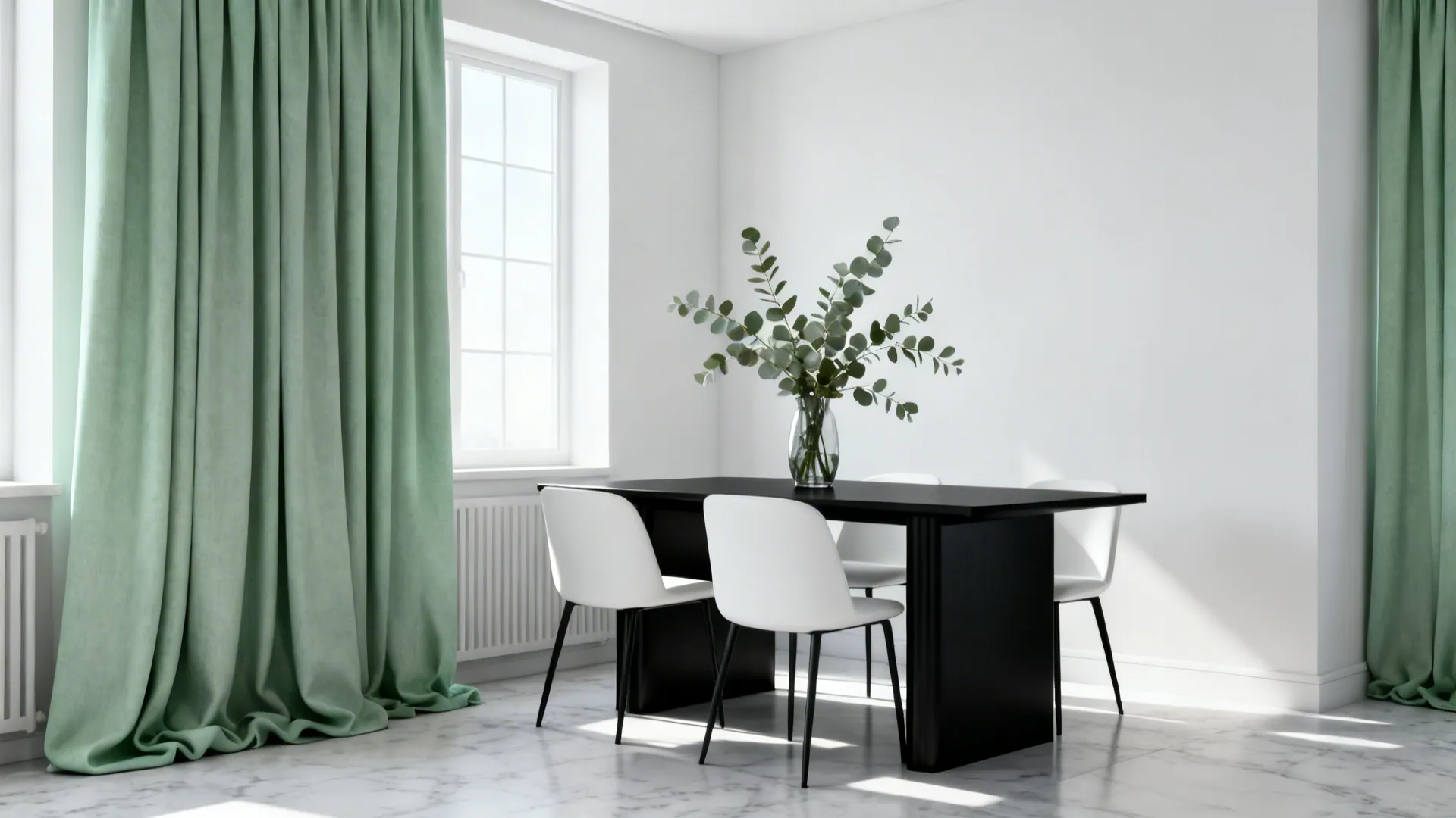 Black-and-white dining set with sage drapery and eucalyptus centerpiece.