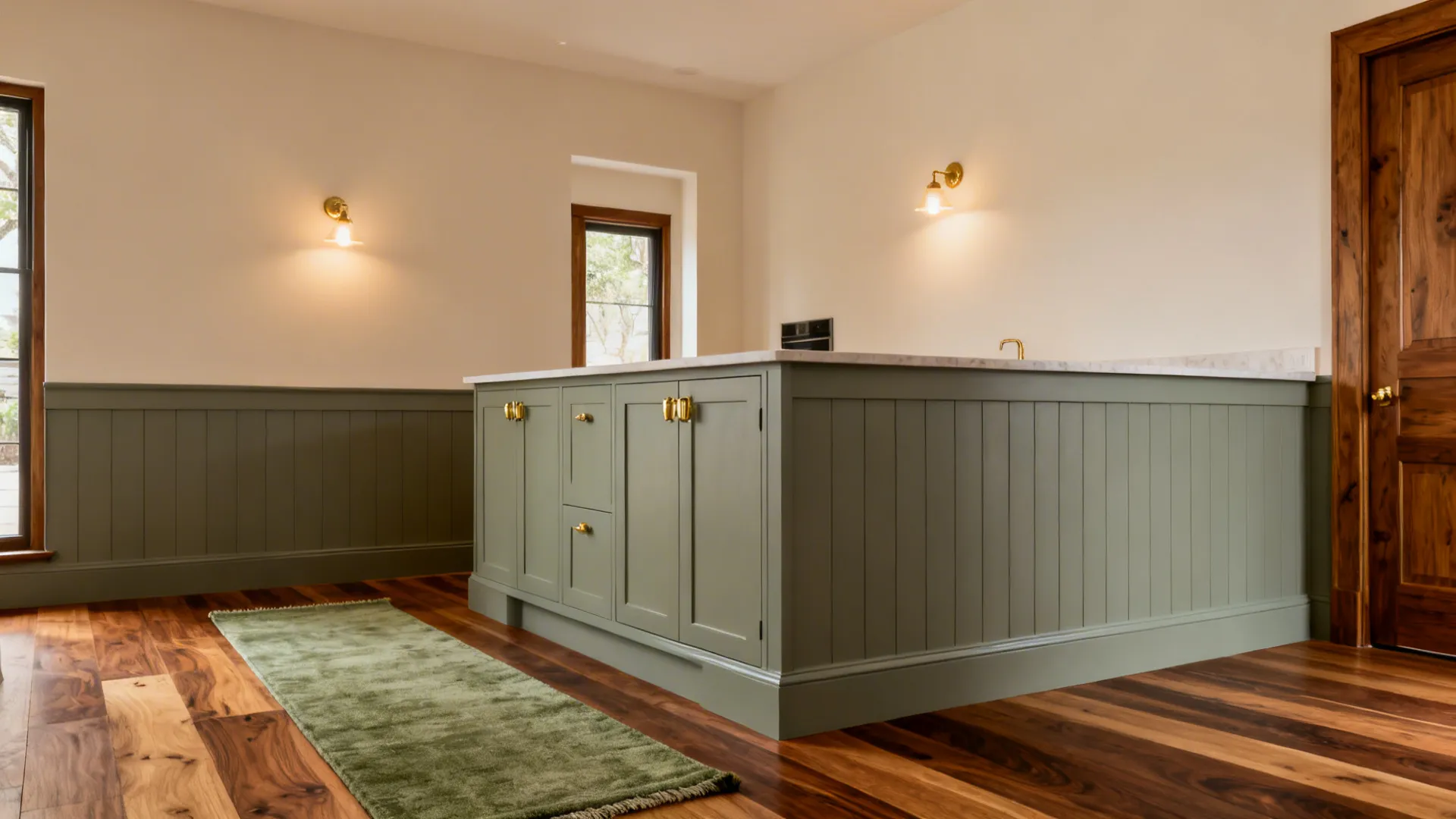 Small kitchen with sage green wainscot and warm neutral walls paired with oak and walnut accents.