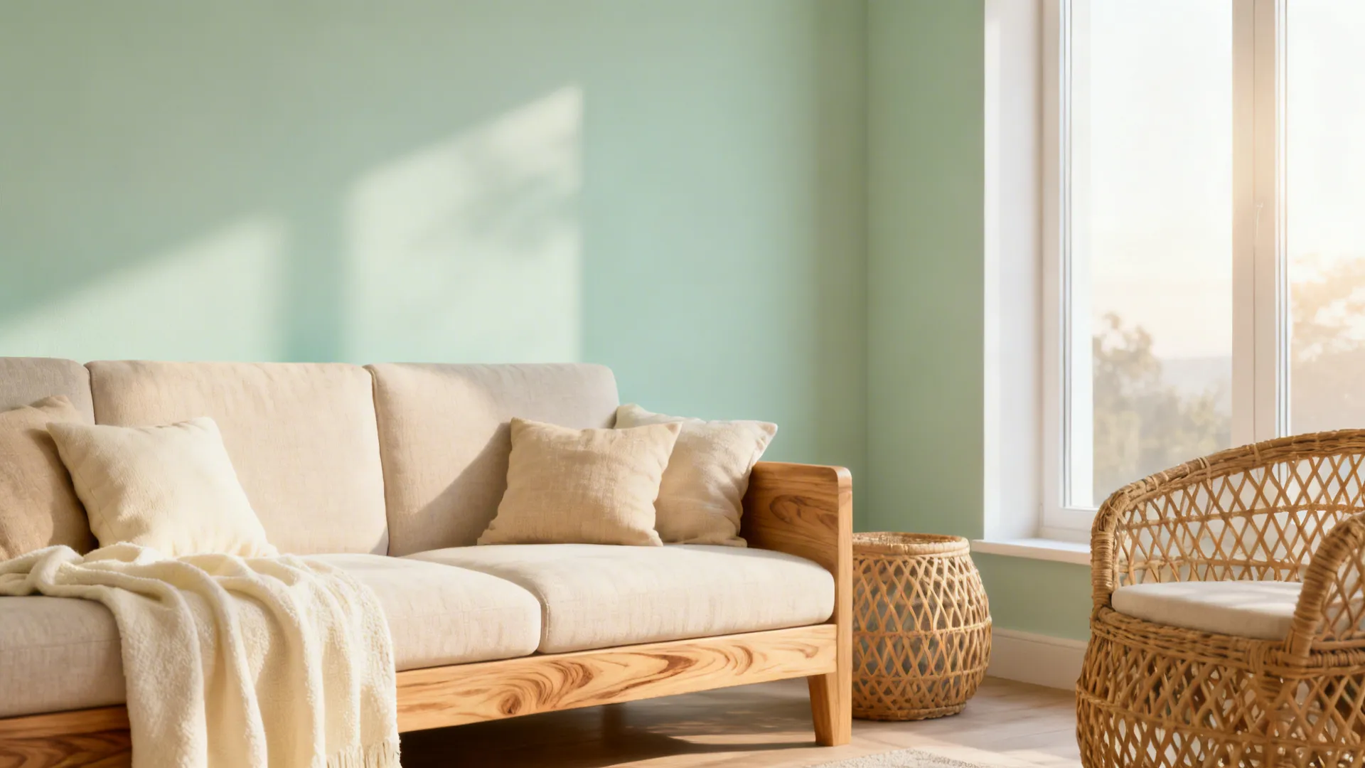 Living room with a soft sage accent wall behind a light oak sofa and rattan decor