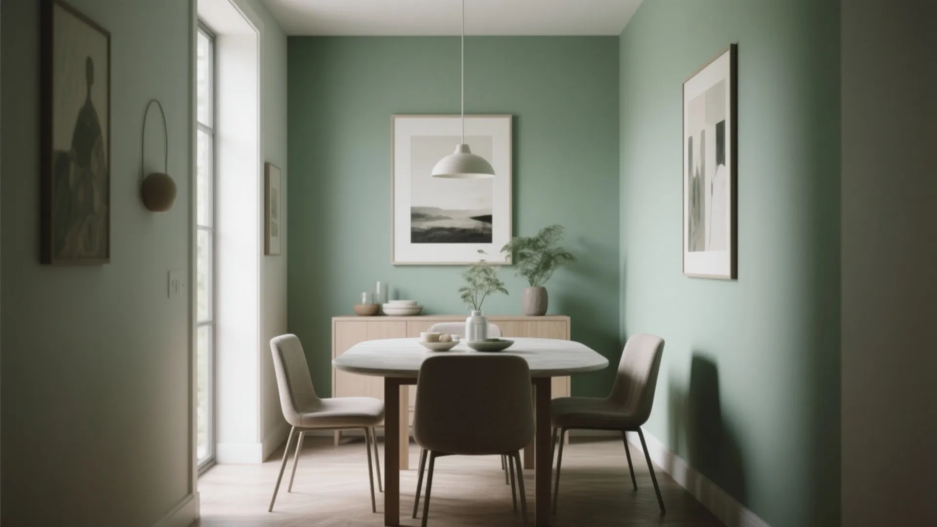 Modern dining room with sage green walls white oval table beige chairs and ceiling light