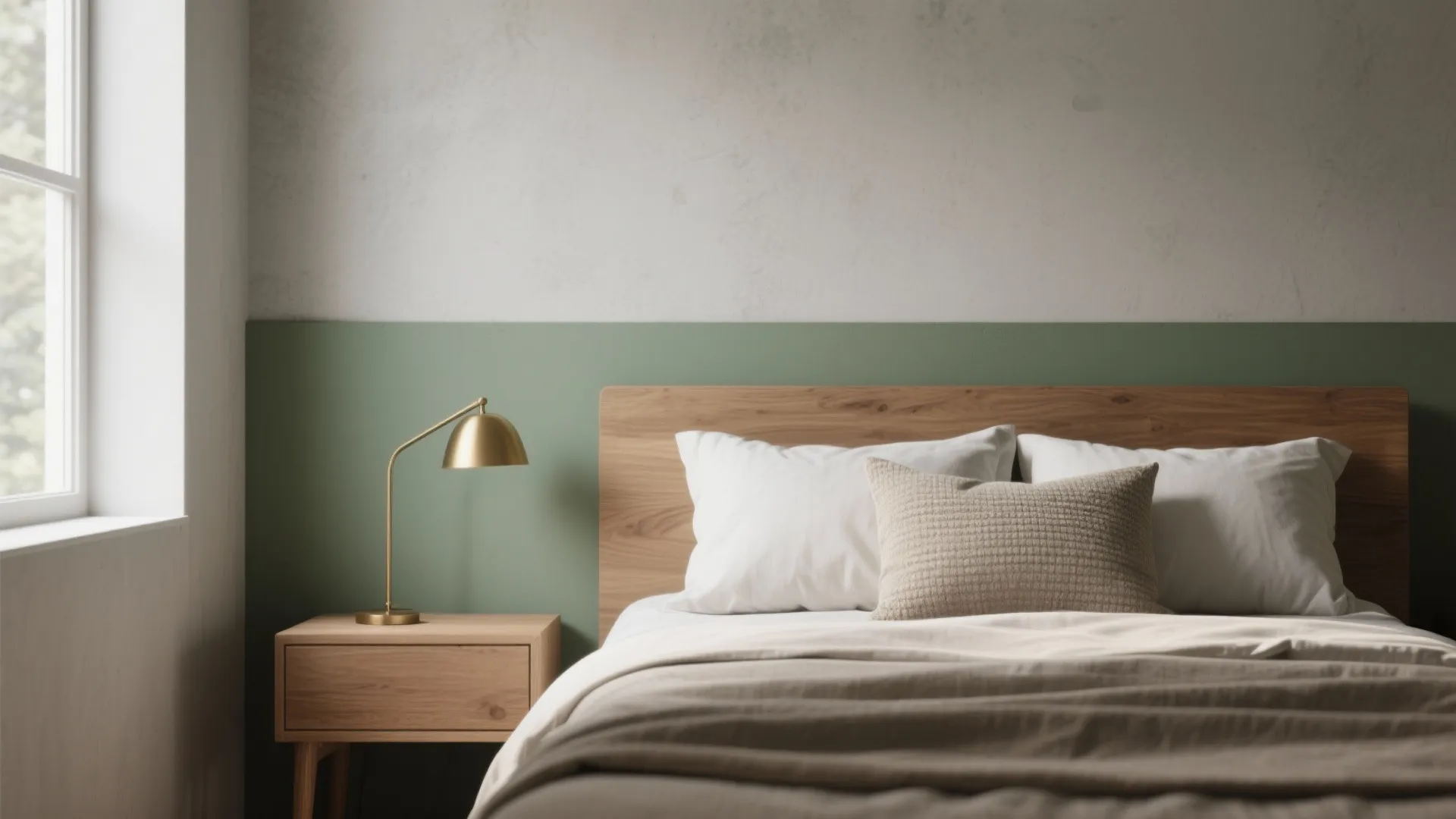 Minimalist bedroom with sage green accent wall, wooden headboard, white pillows, and gold bedside lamp