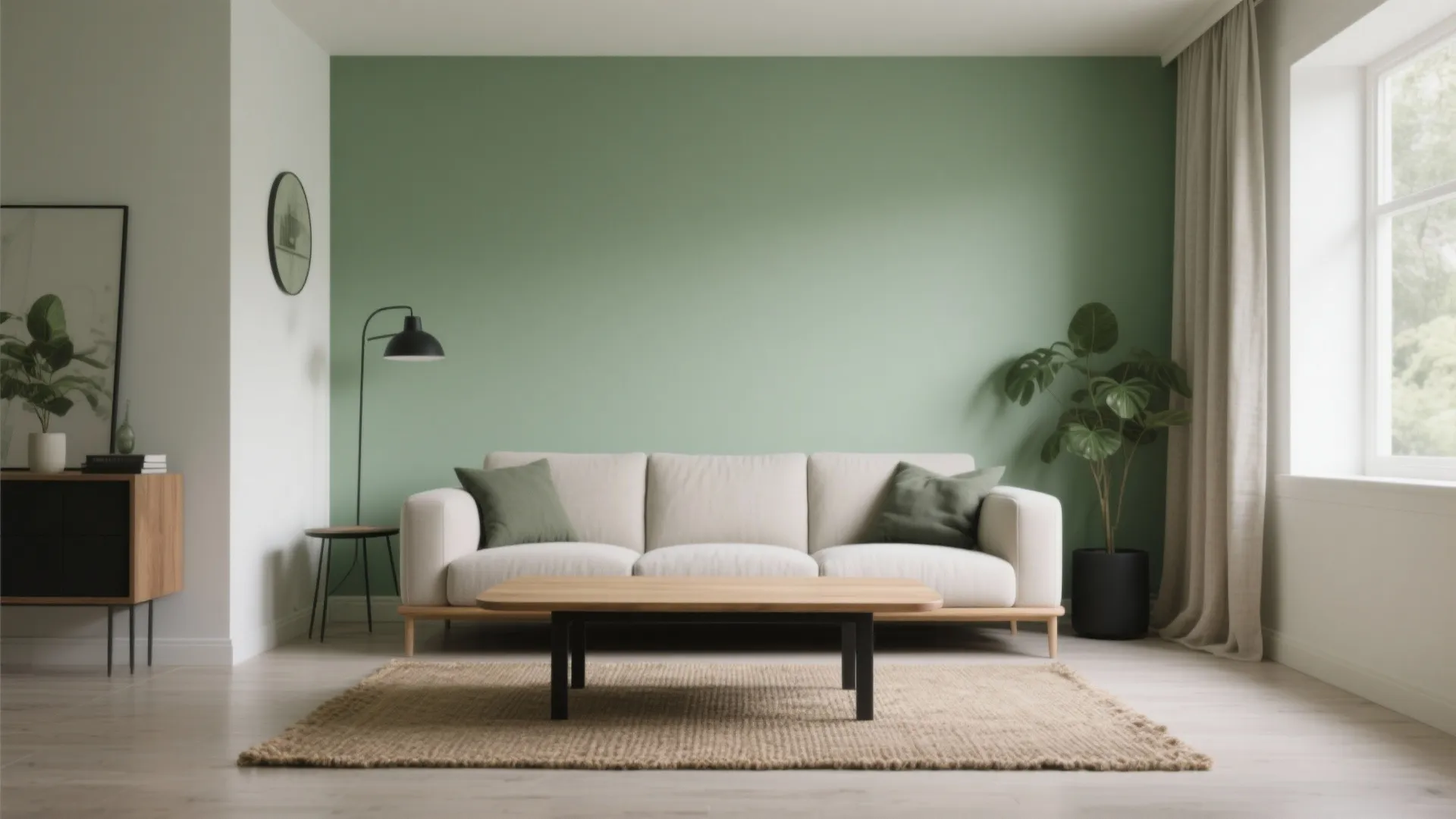 Modern living room featuring sage green accent wall white sofa wooden coffee table and indoor plant