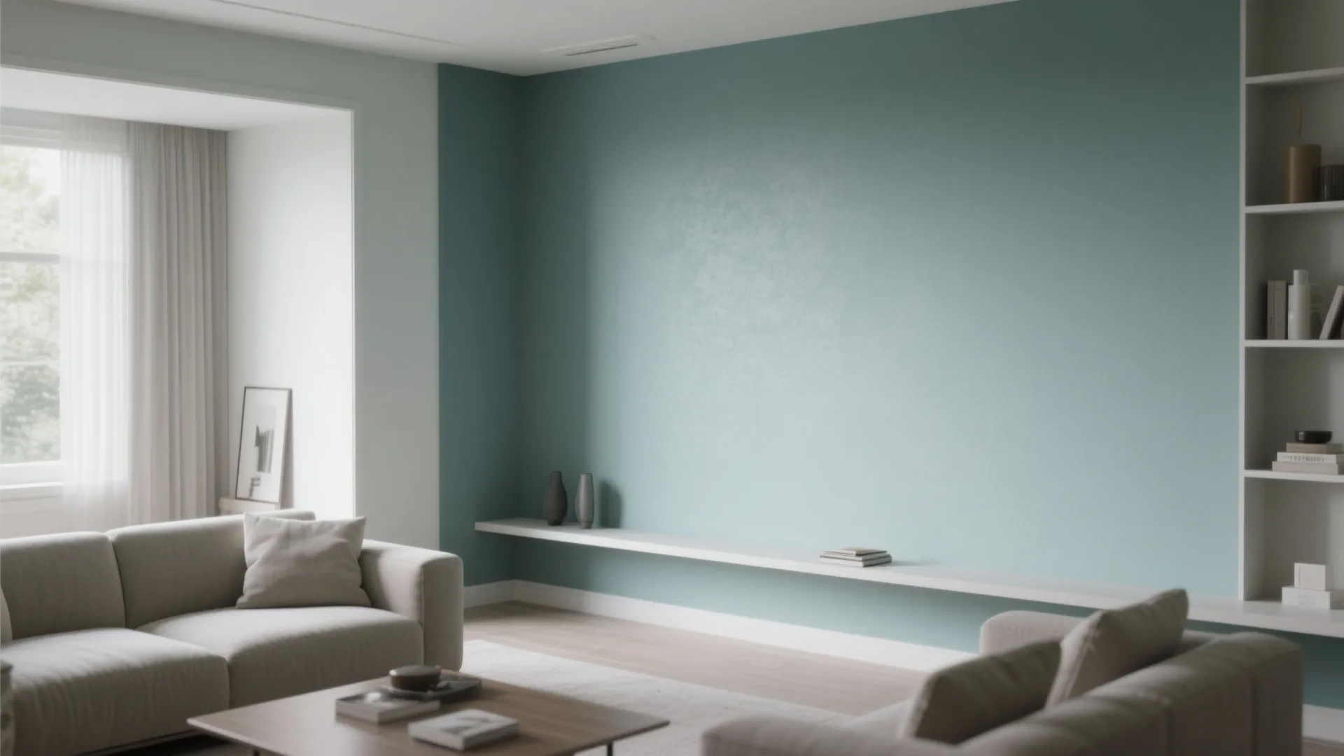 Minimalist living room with sage green accent wall plus white floating shelf and grey sofas