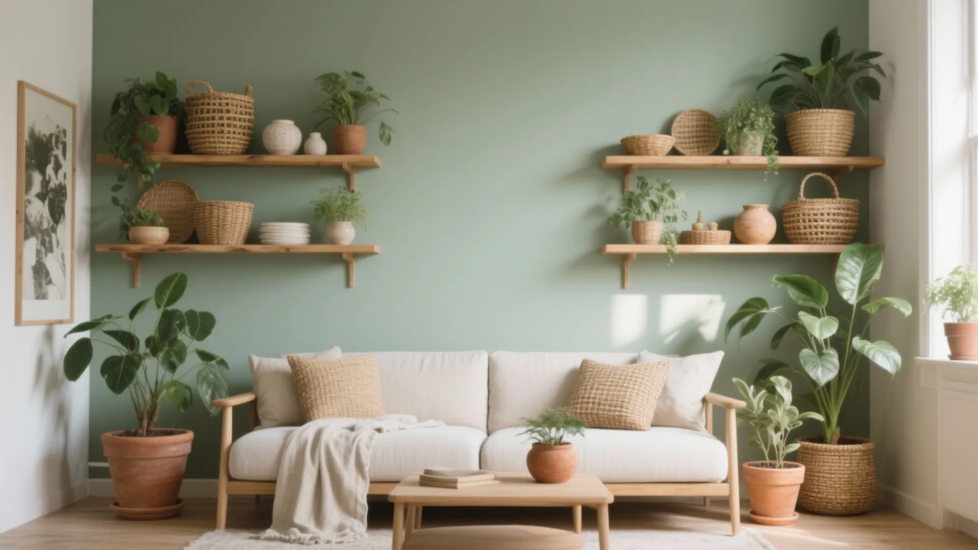 Sage green wall living room with white sofa wooden coffee table and many green potted plants