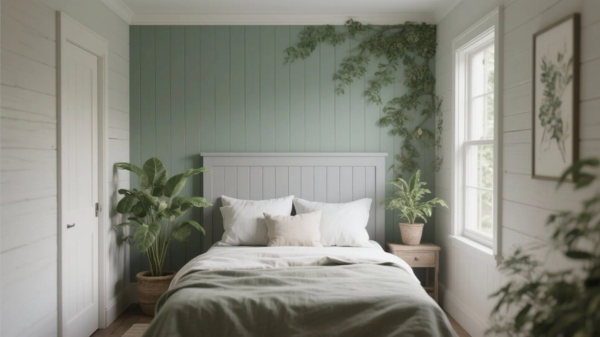 Bedroom with sage green wall panel, grey bed, white pillows, indoor plants, and bright window